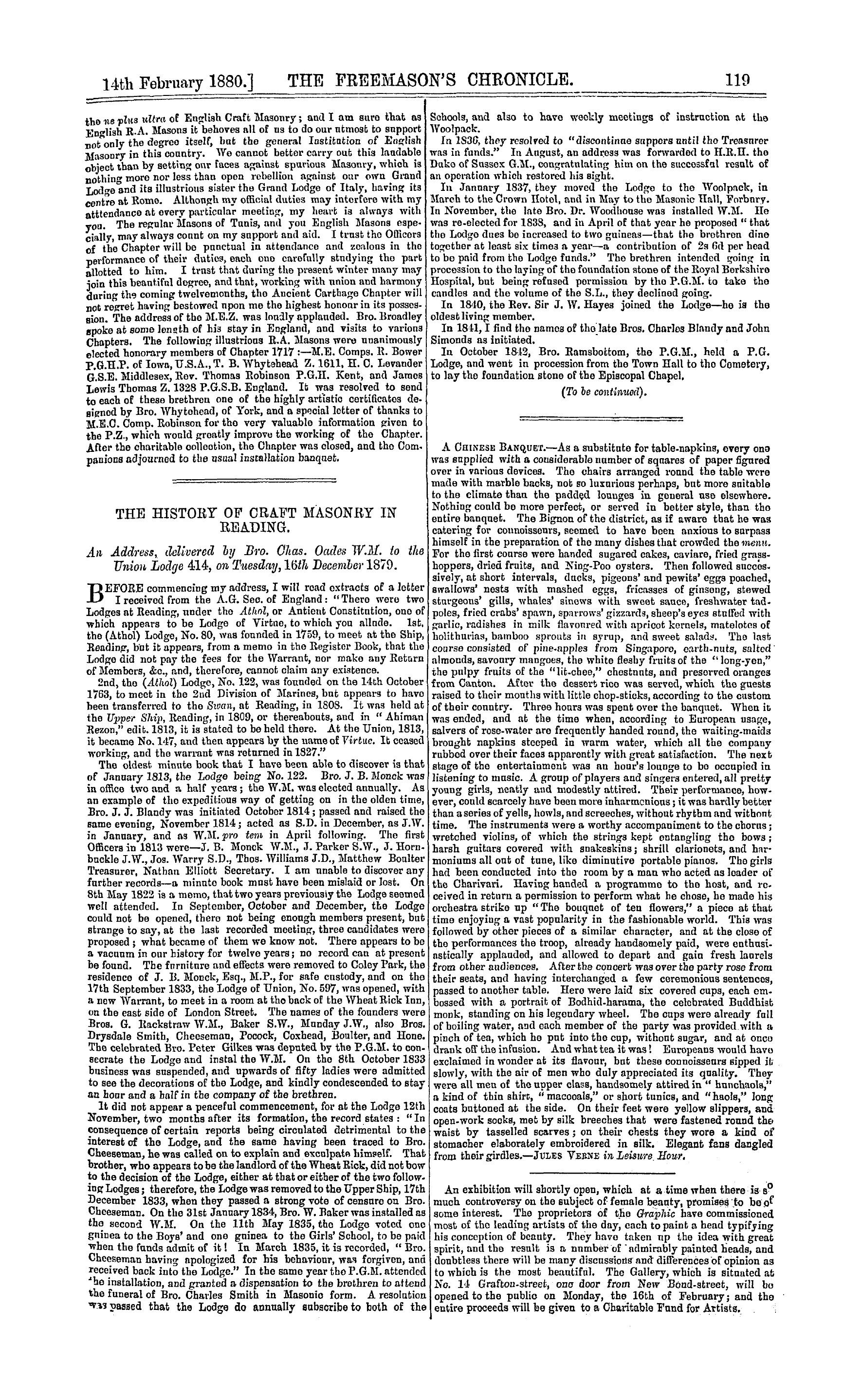 The Freemason's Chronicle: 1880-02-14 - Installation Meetings, &C.