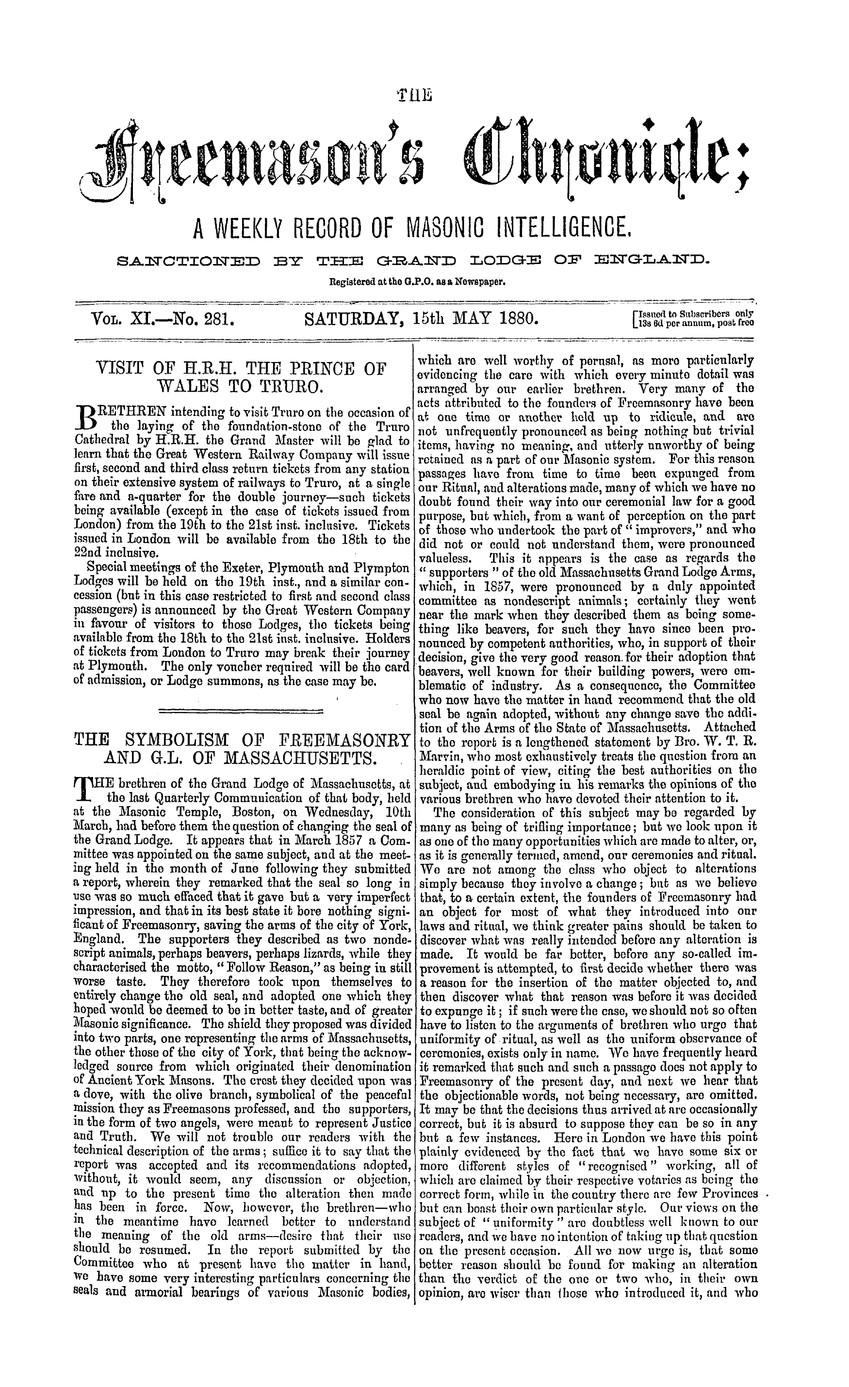 The Freemason's Chronicle: 1880-05-15 - The Symbolism Of Freemasonry And G.L. Of Massachusetts.