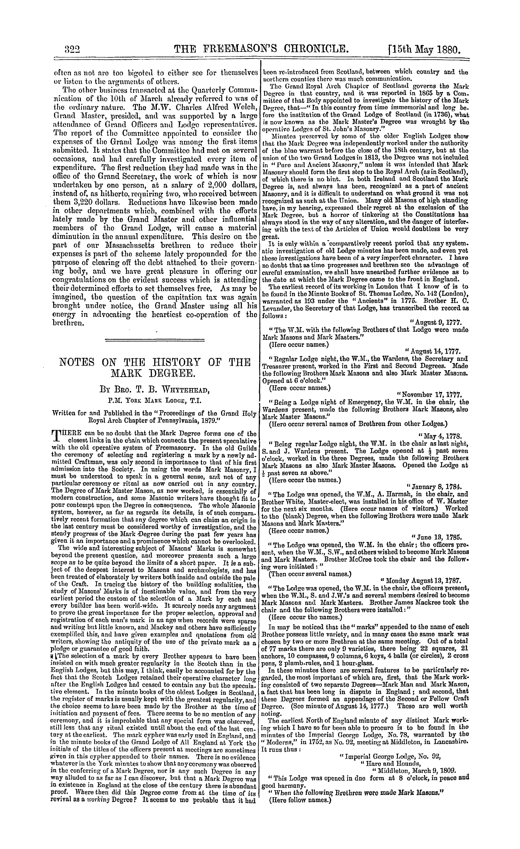 The Freemason's Chronicle: 1880-05-15 - The Symbolism Of Freemasonry And G.L. Of Massachusetts.