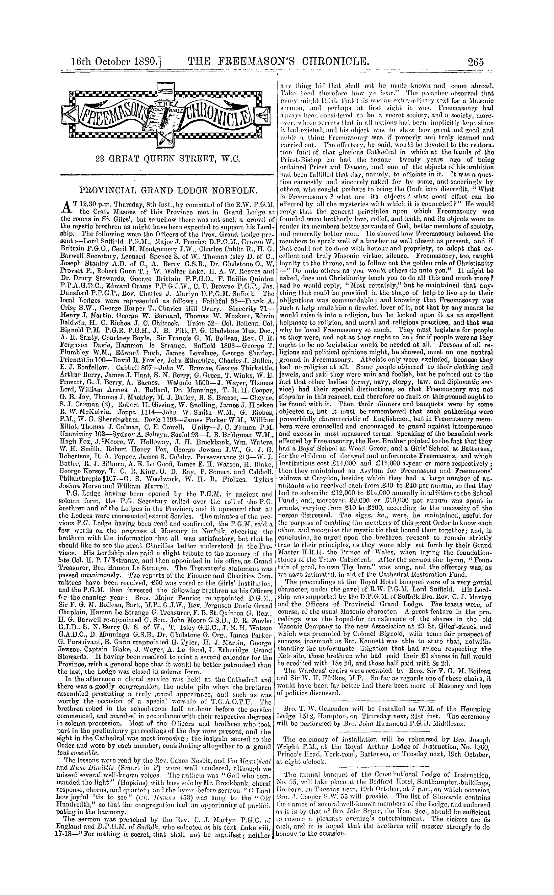 The Freemason's Chronicle: 1880-10-16 - Provincial Grand Lodge Norfolk.