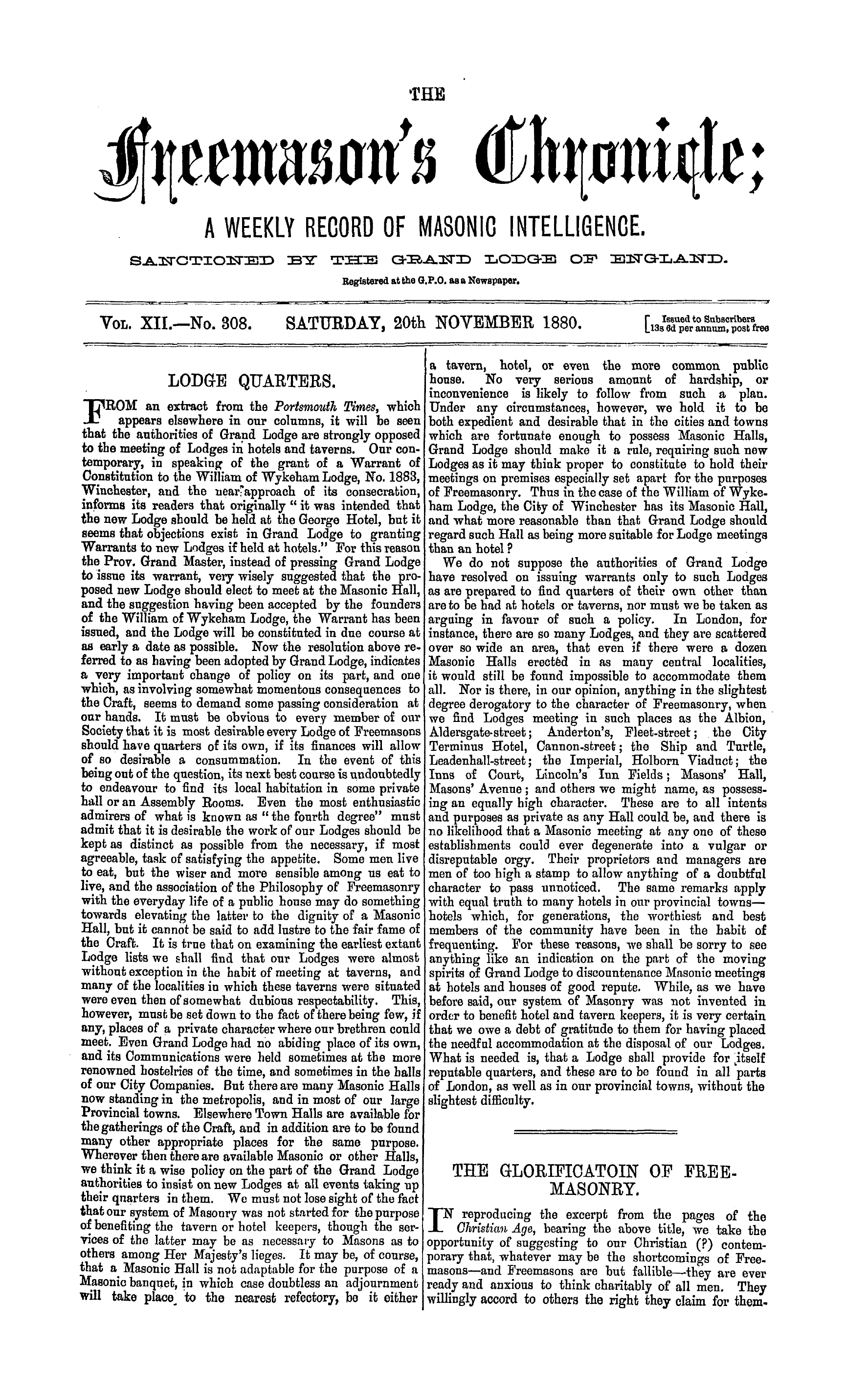 The Freemason's Chronicle: 1880-11-20 - Lodge Quarters.