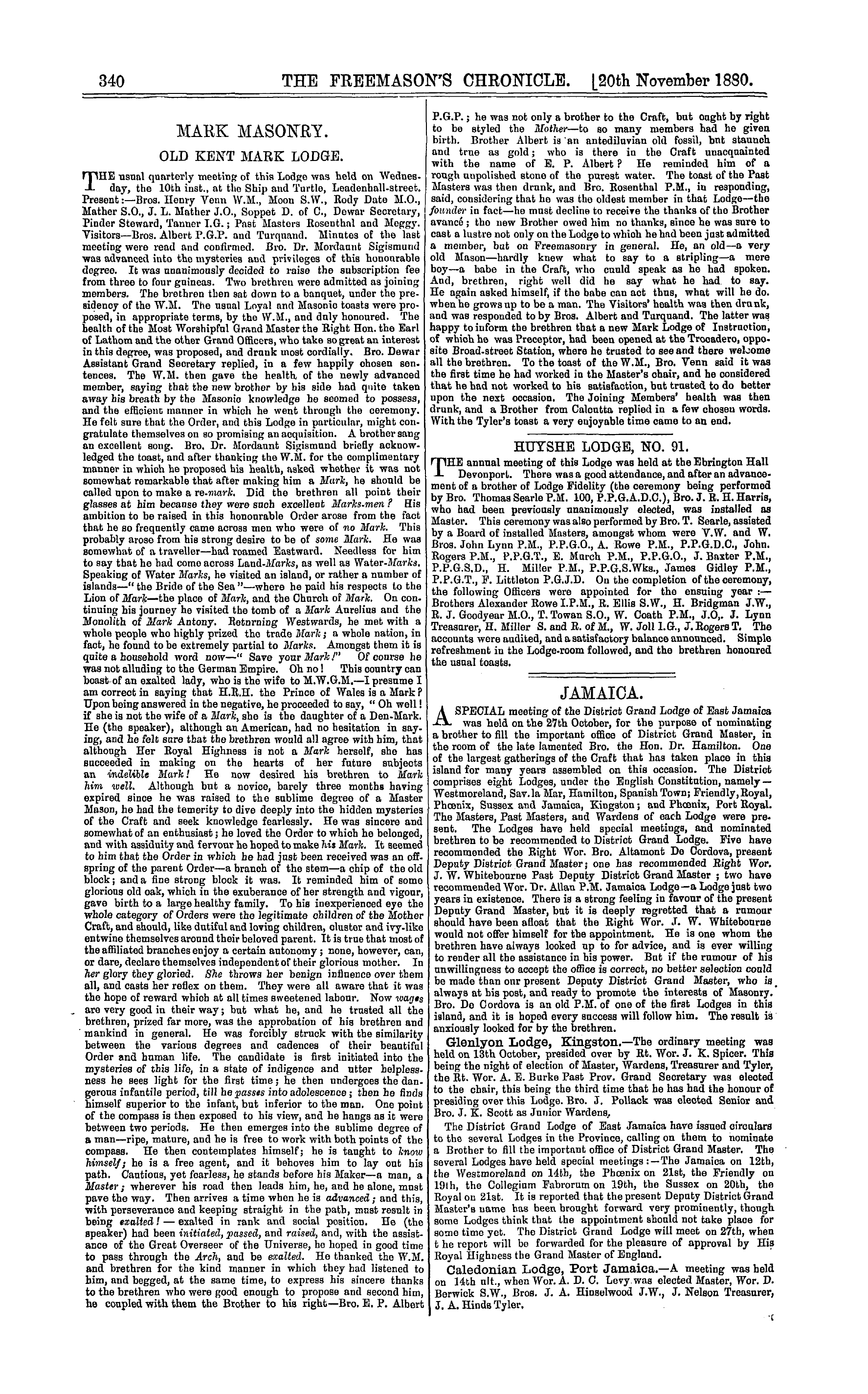 The Freemason's Chronicle: 1880-11-20 - Huyshe Lodge, No. 91.