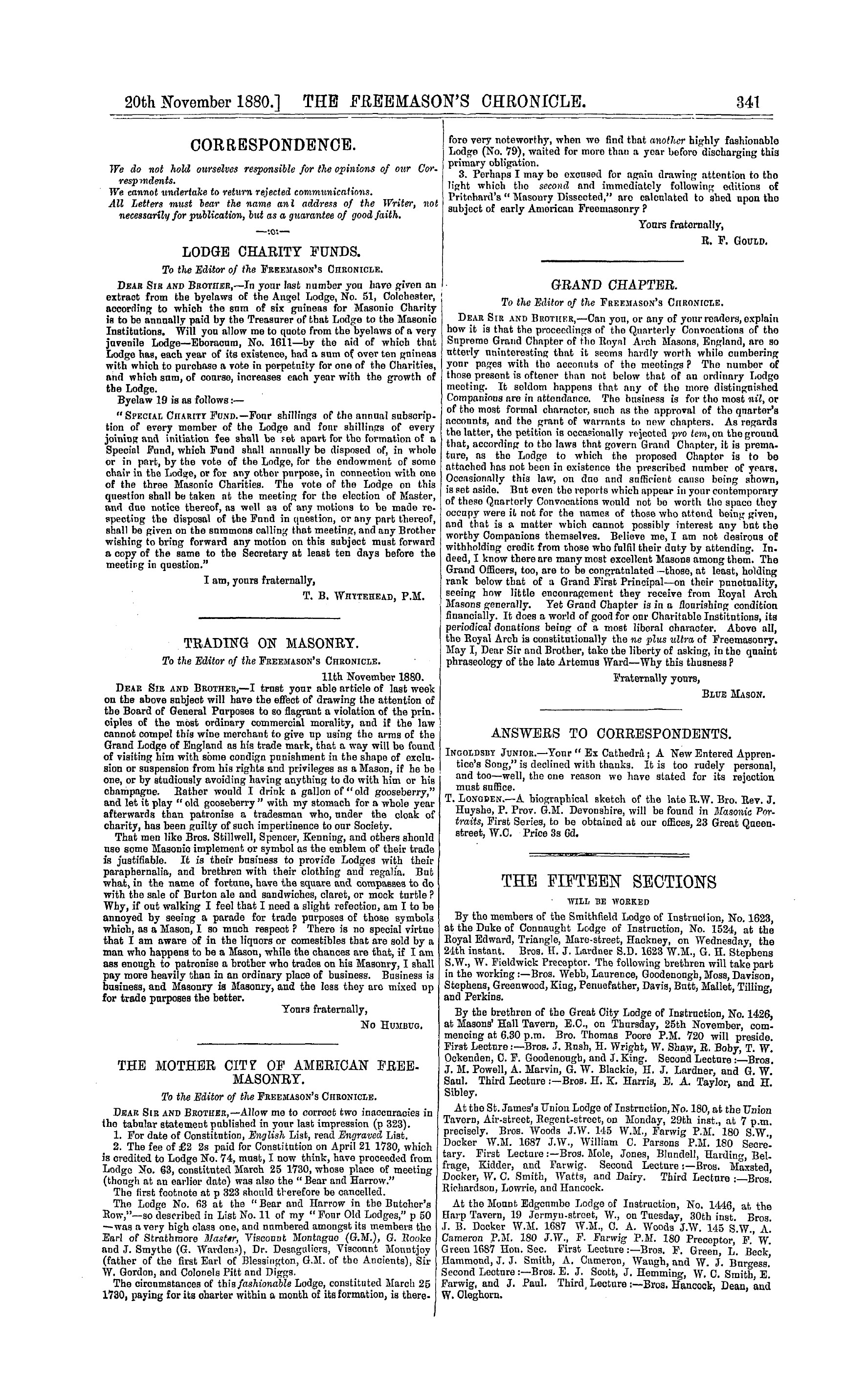 The Freemason's Chronicle: 1880-11-20 - Correspondence.