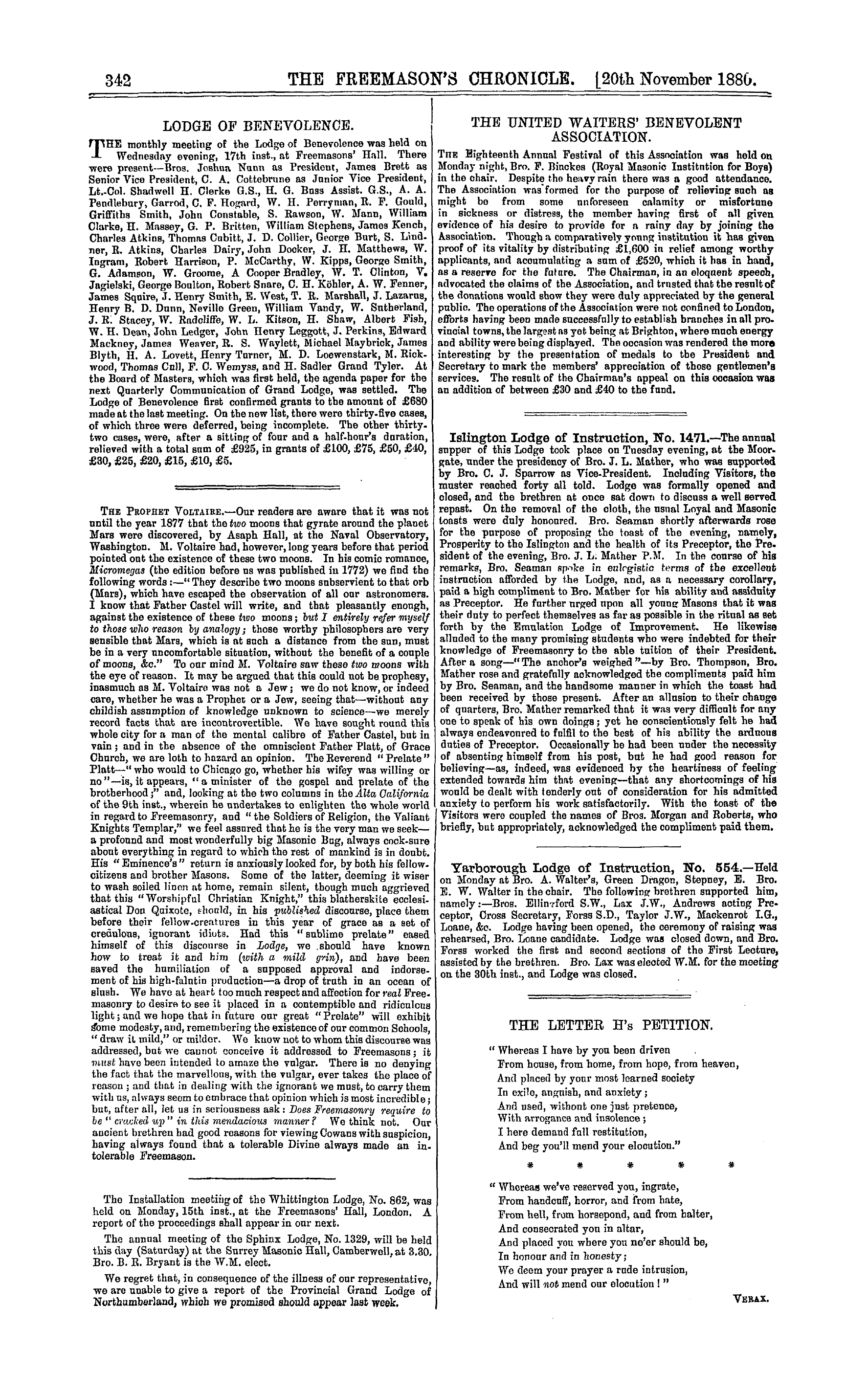 The Freemason's Chronicle: 1880-11-20 - The United Waiters' Benevolent Association.