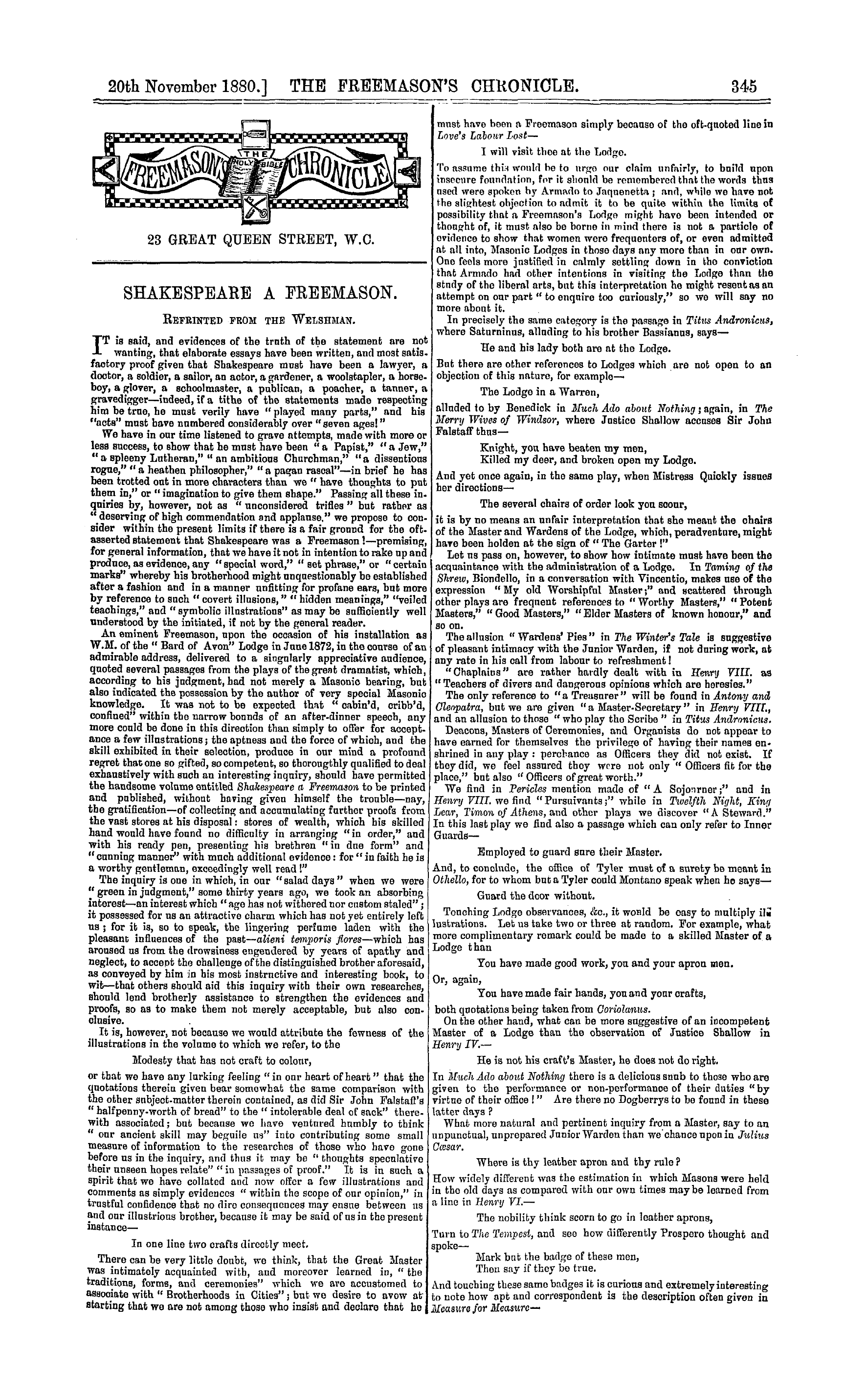 The Freemason's Chronicle: 1880-11-20 - Shakespeare A Freemason.