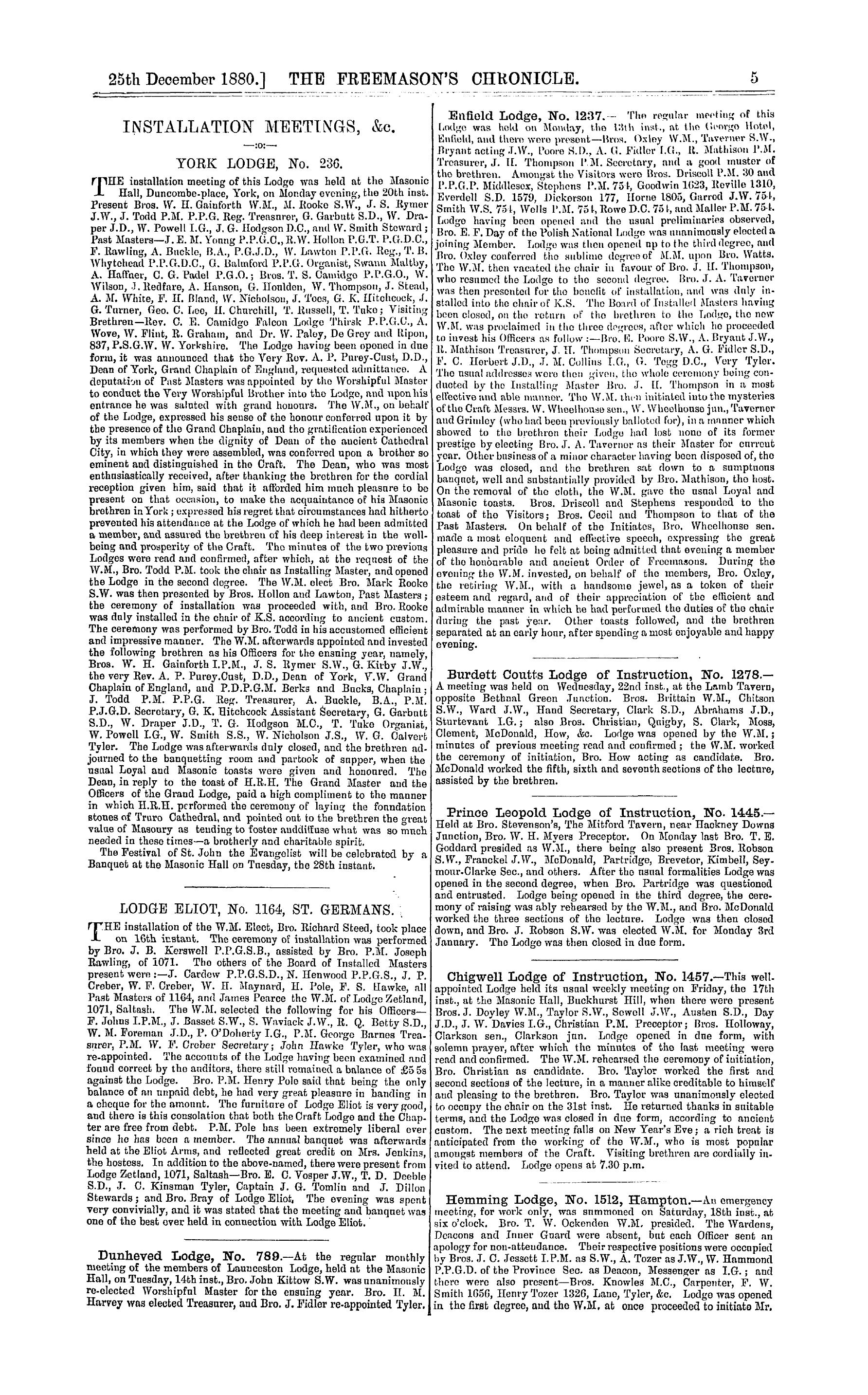 The Freemason's Chronicle: 1880-12-25 - Lodge Eliot, No. 1164, St. Germans.