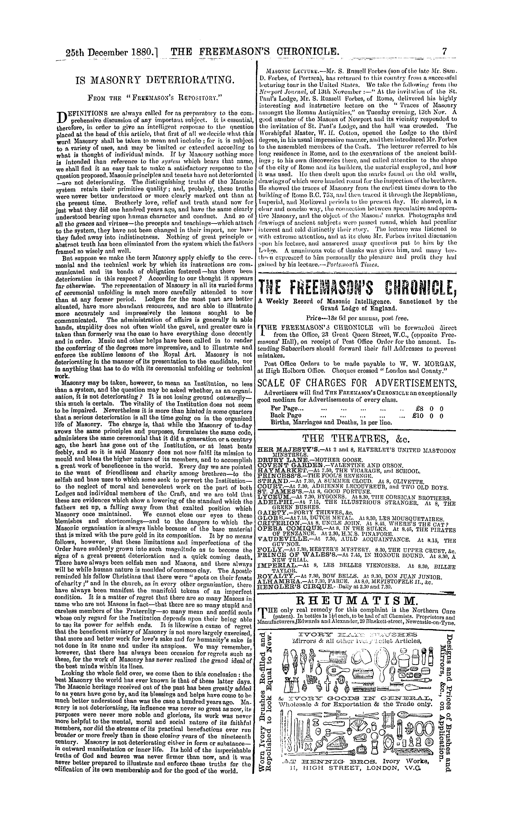 The Freemason's Chronicle: 1880-12-25 - Ad00702