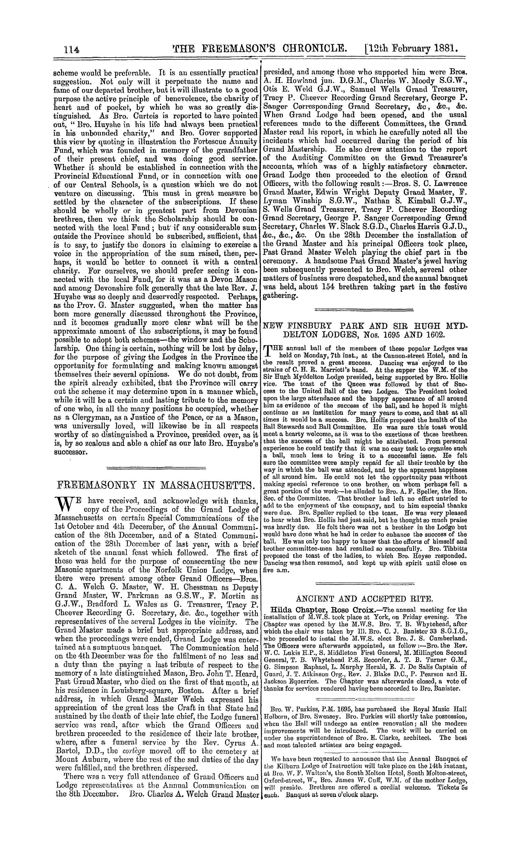 The Freemason's Chronicle: 1881-02-12 - Freemasonry In Massachusetts.