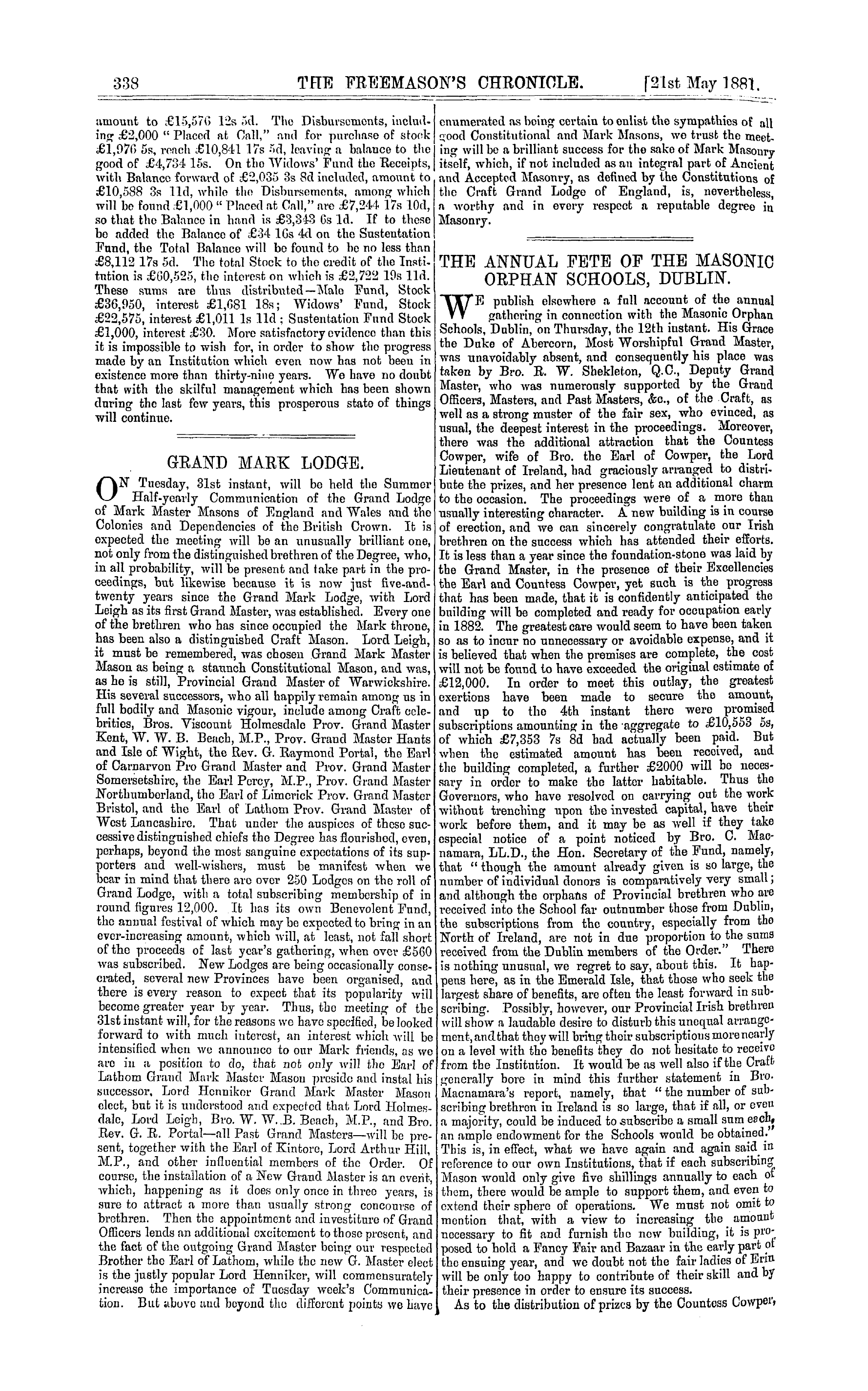 The Freemason's Chronicle: 1881-05-21 - The Annual Fete Of The Masonic Orphan Schools, Dublin.