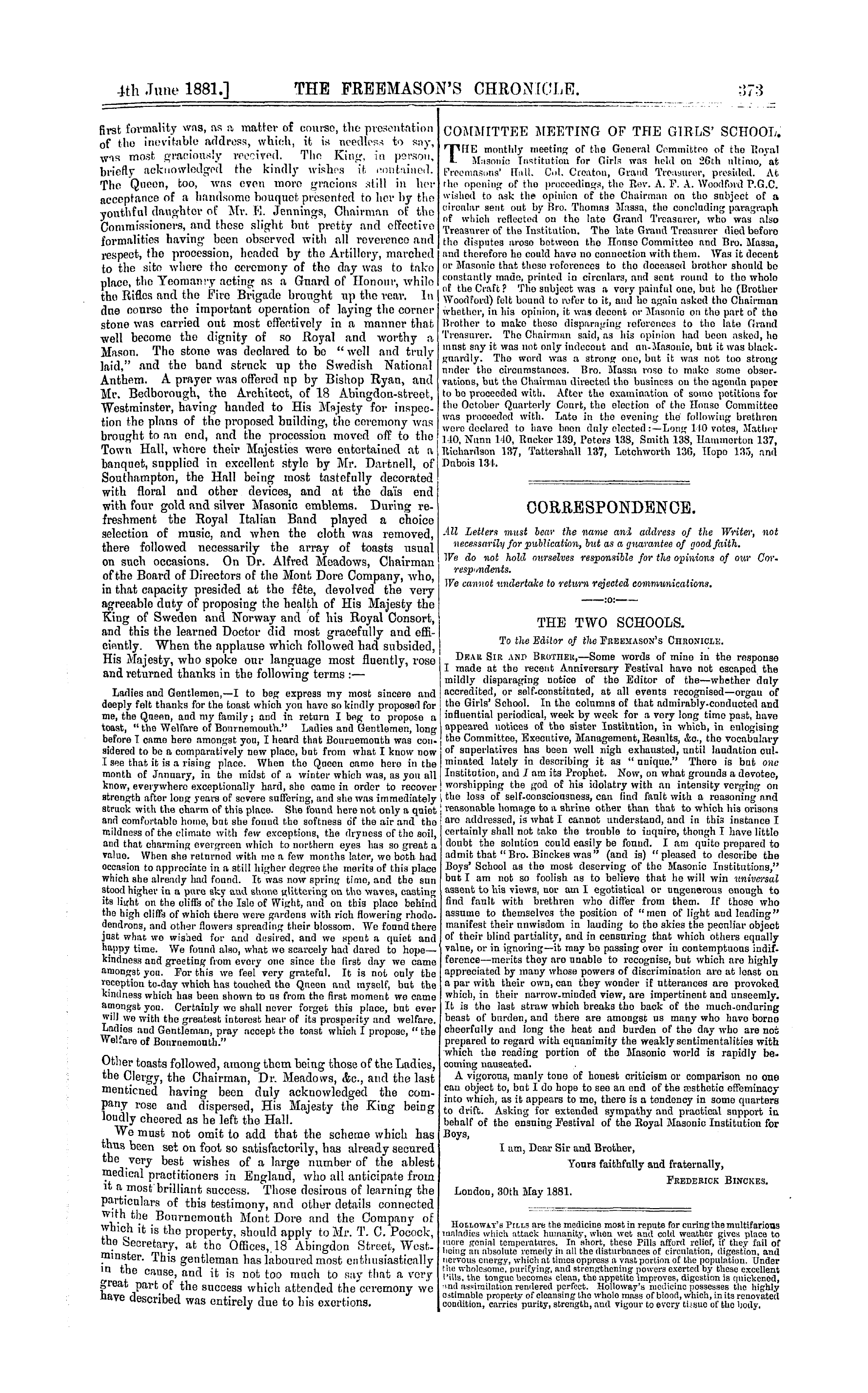 The Freemason's Chronicle: 1881-06-04 - The Mont Dore, Bournemouth, And H.M. The G.M. Of Sweden.