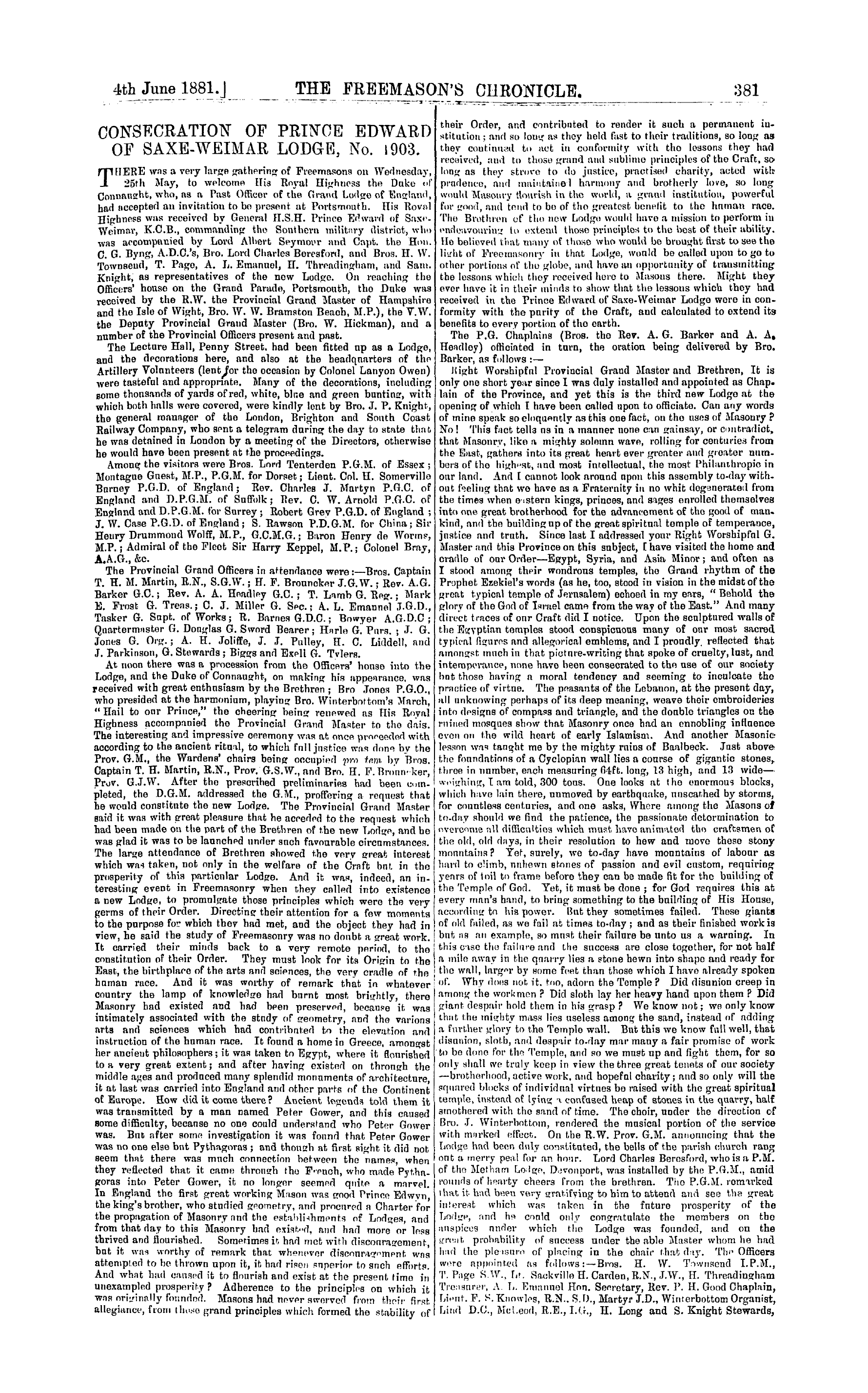 The Freemason's Chronicle: 1881-06-04 - Consecration Of Prince Edward Of Saxe-Weimar Lodge, No. 1903.