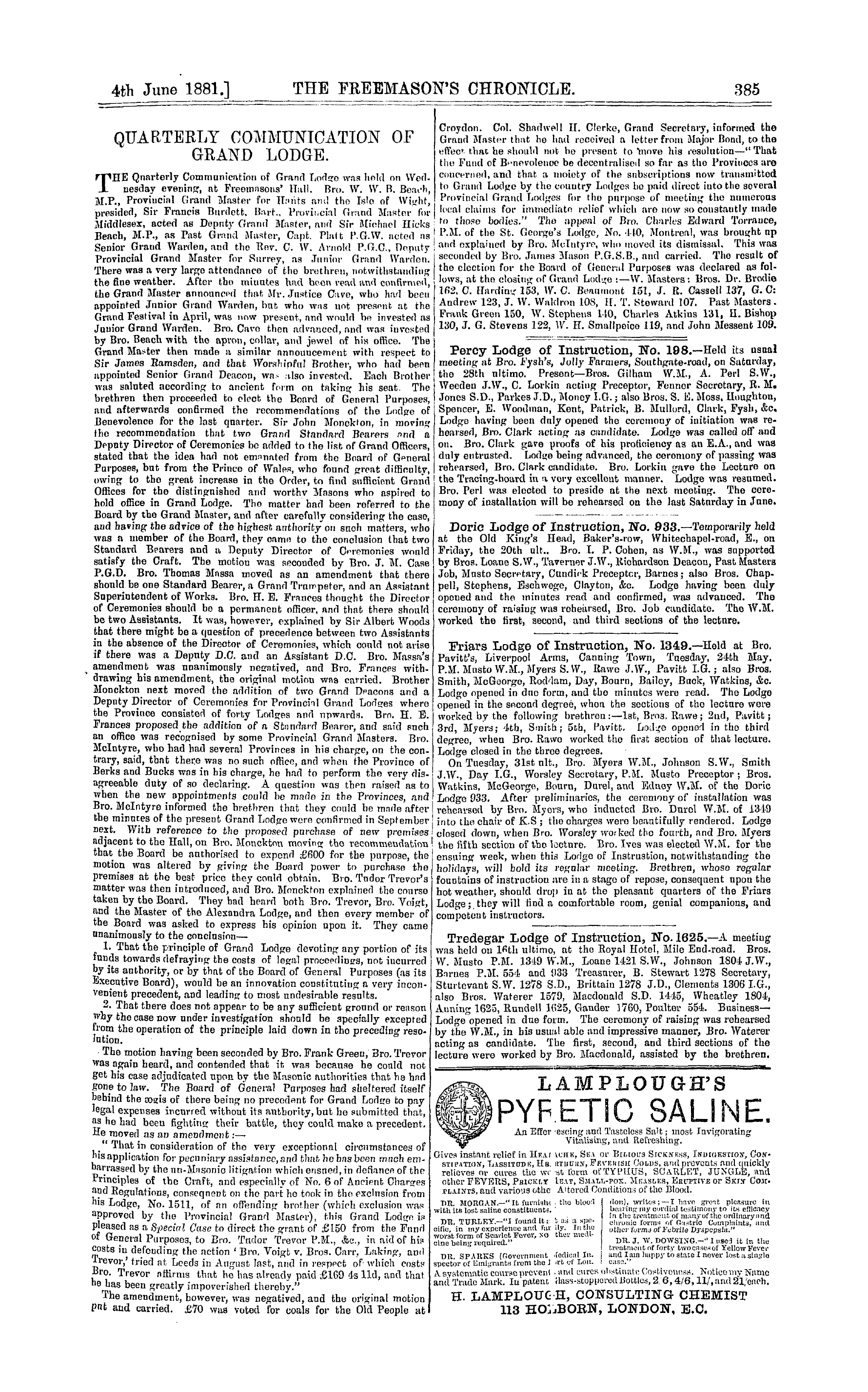 The Freemason's Chronicle: 1881-06-04 - Quarterly Communication Of Grand Lodge.