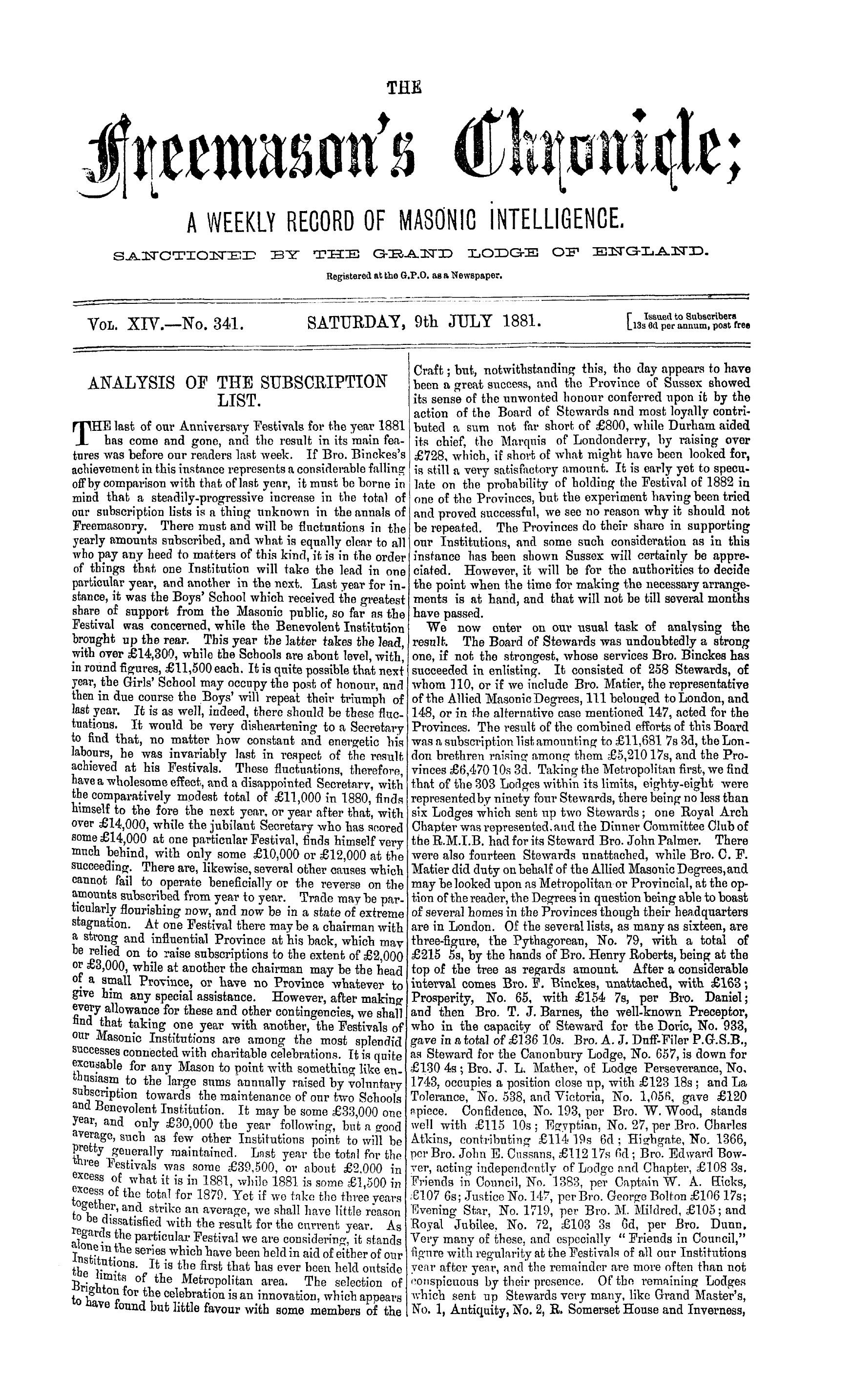 The Freemason's Chronicle: 1881-07-09: 1