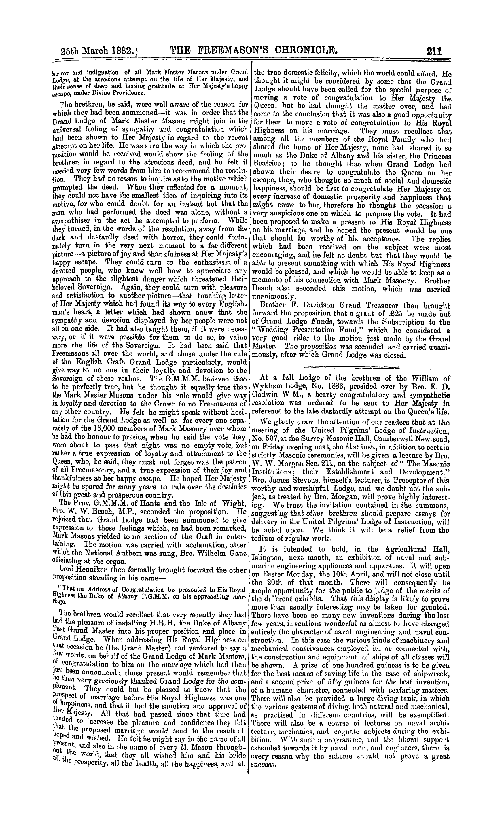 The Freemason's Chronicle: 1882-03-25 - Grand Lodge Of Mark Master Masons.