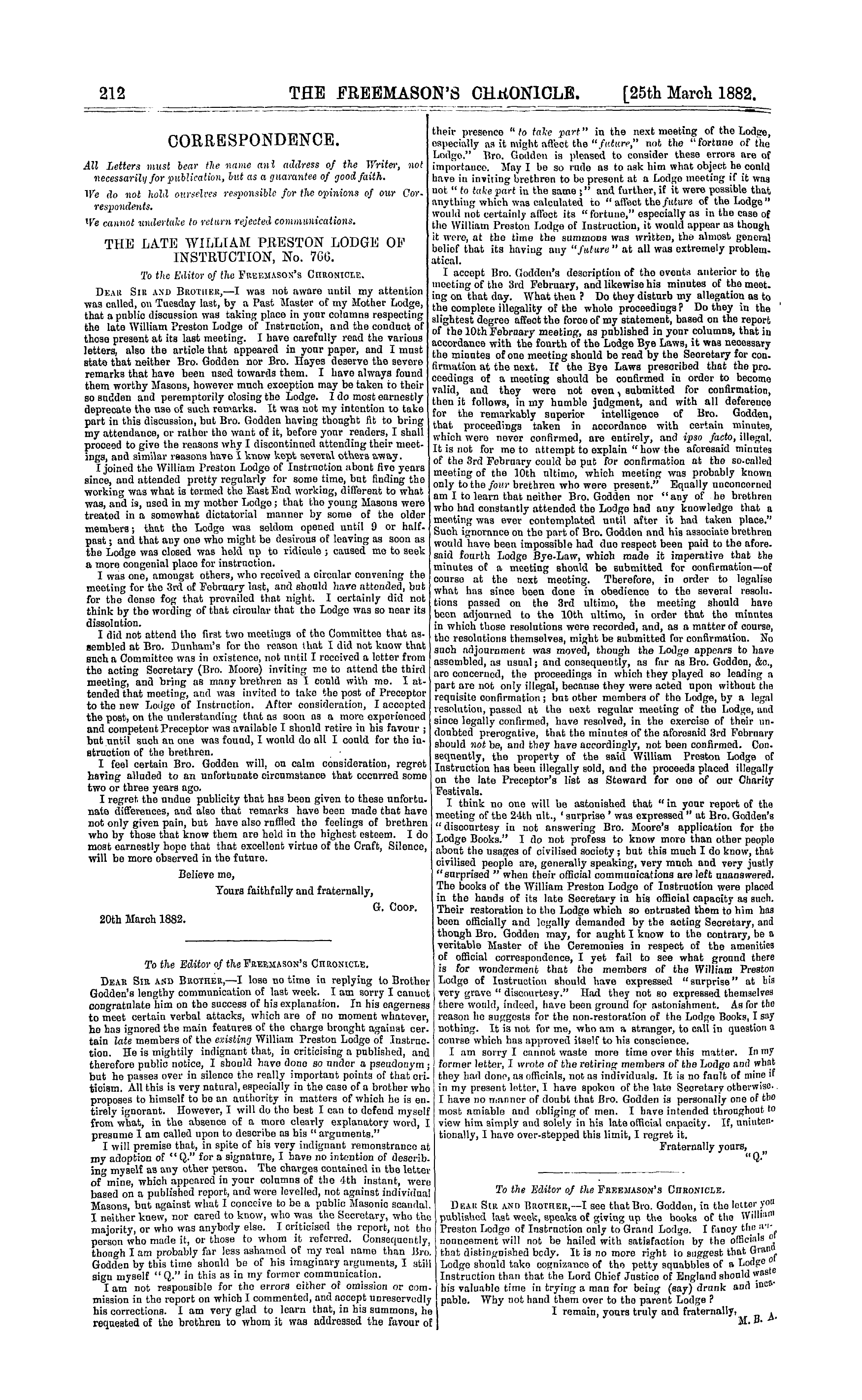 The Freemason's Chronicle: 1882-03-25 - Correspondence.