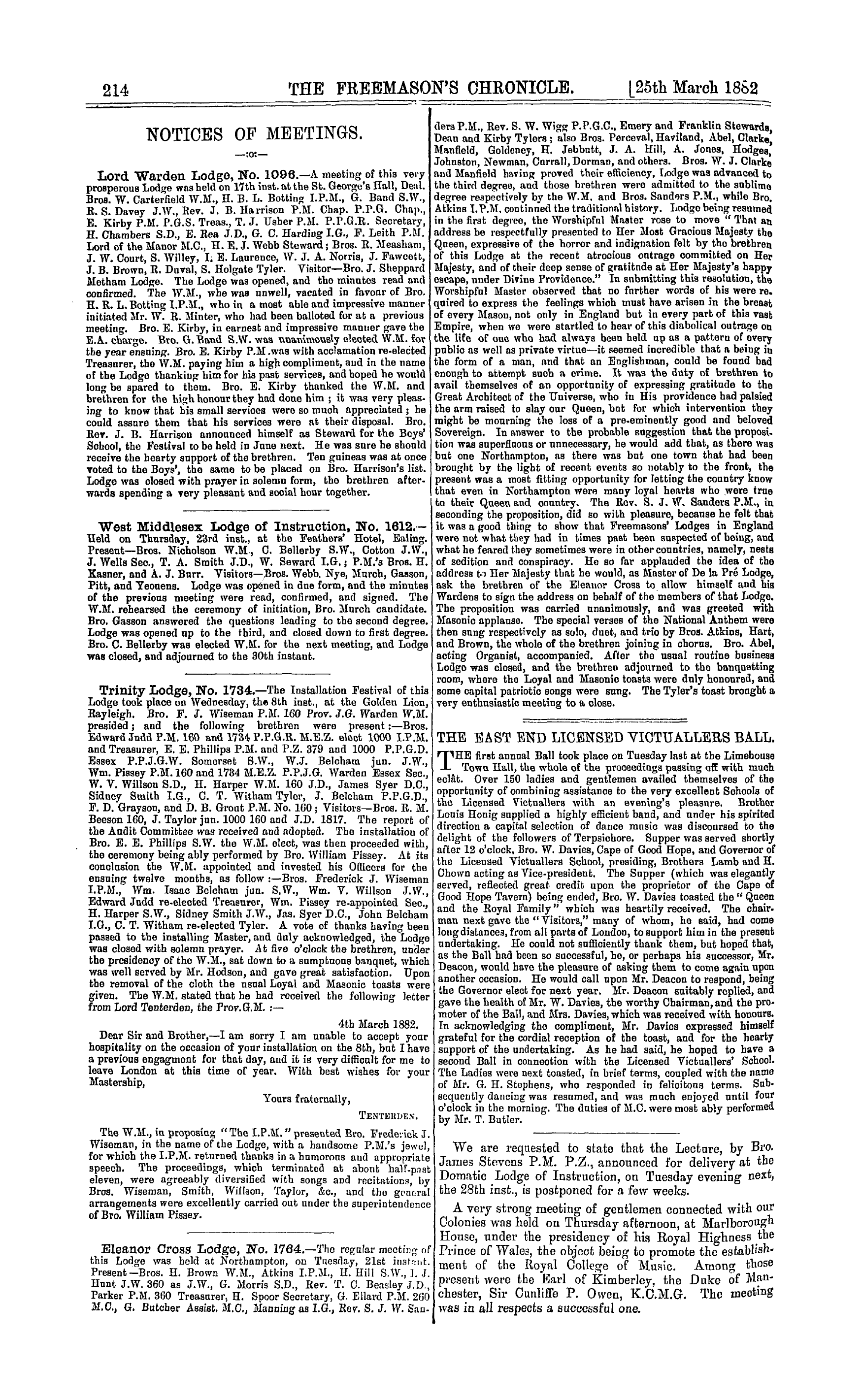 The Freemason's Chronicle: 1882-03-25 - Notices Of Meetings.