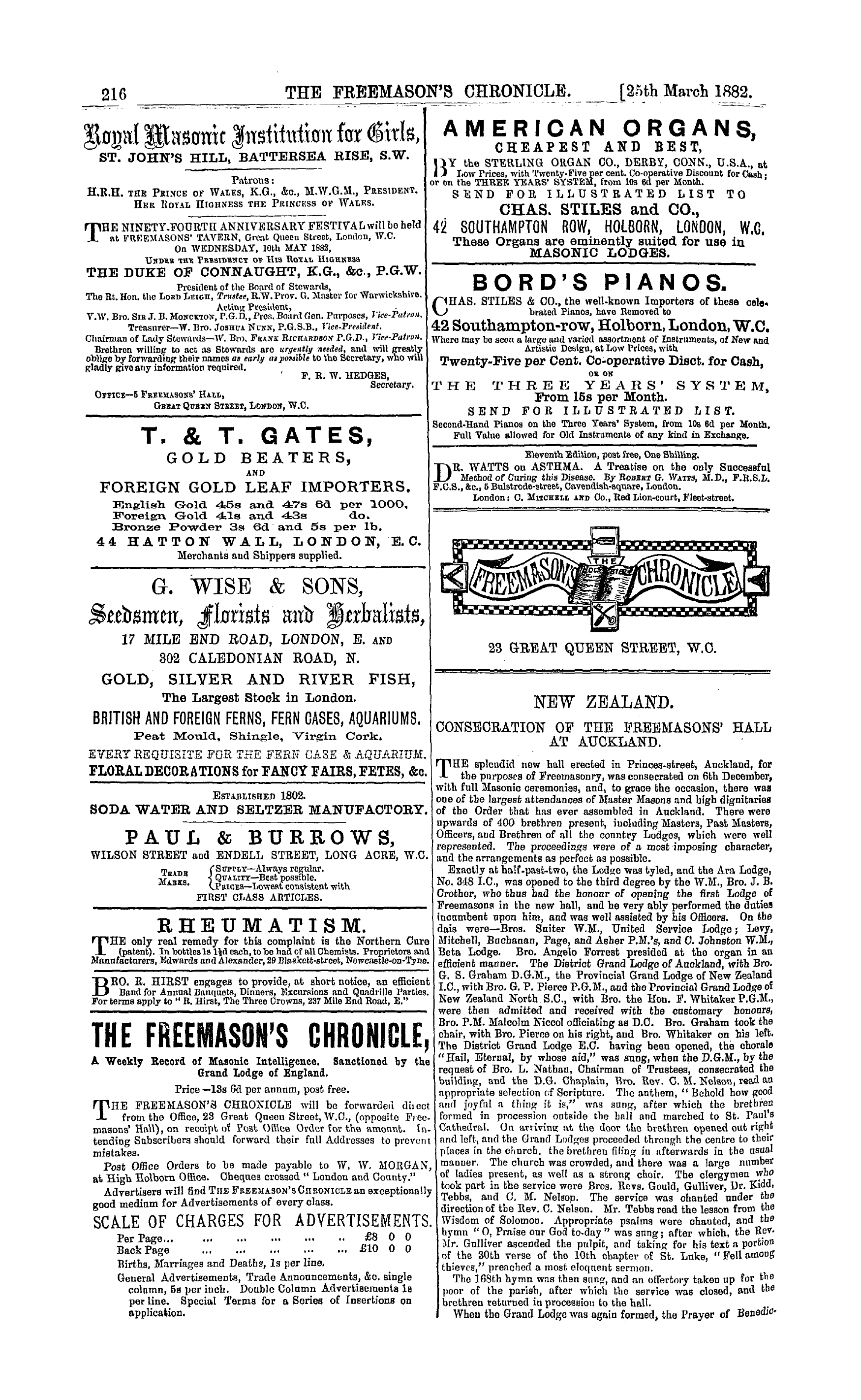 The Freemason's Chronicle: 1882-03-25 - Ad00804