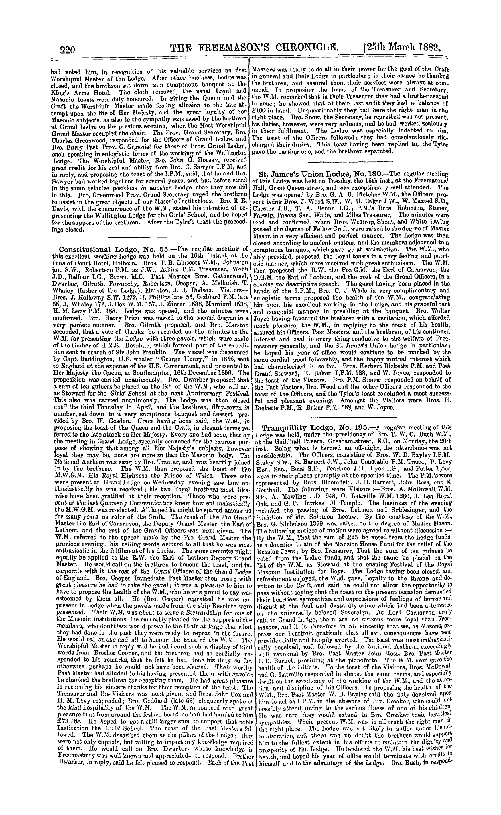 The Freemason's Chronicle: 1882-03-25 - Installation Meetings, &C.