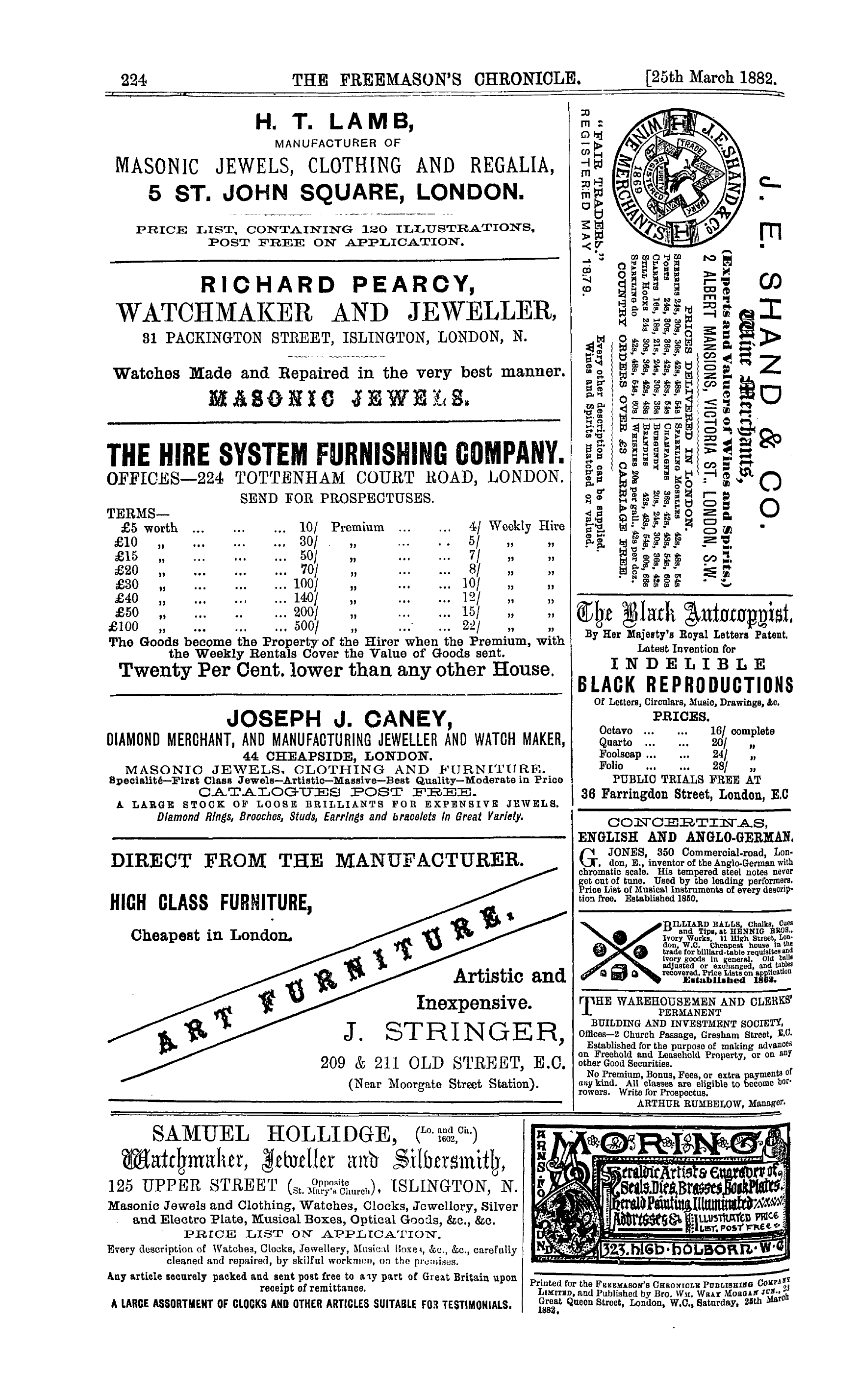 The Freemason's Chronicle: 1882-03-25 - Ad01609