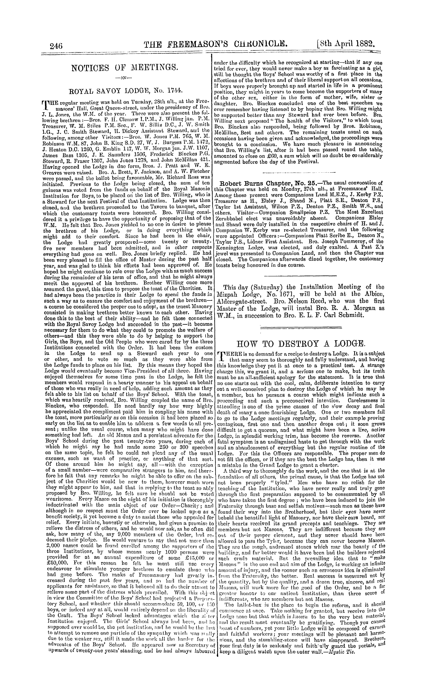 The Freemason's Chronicle: 1882-04-08 - How To Destroy A Lodge.