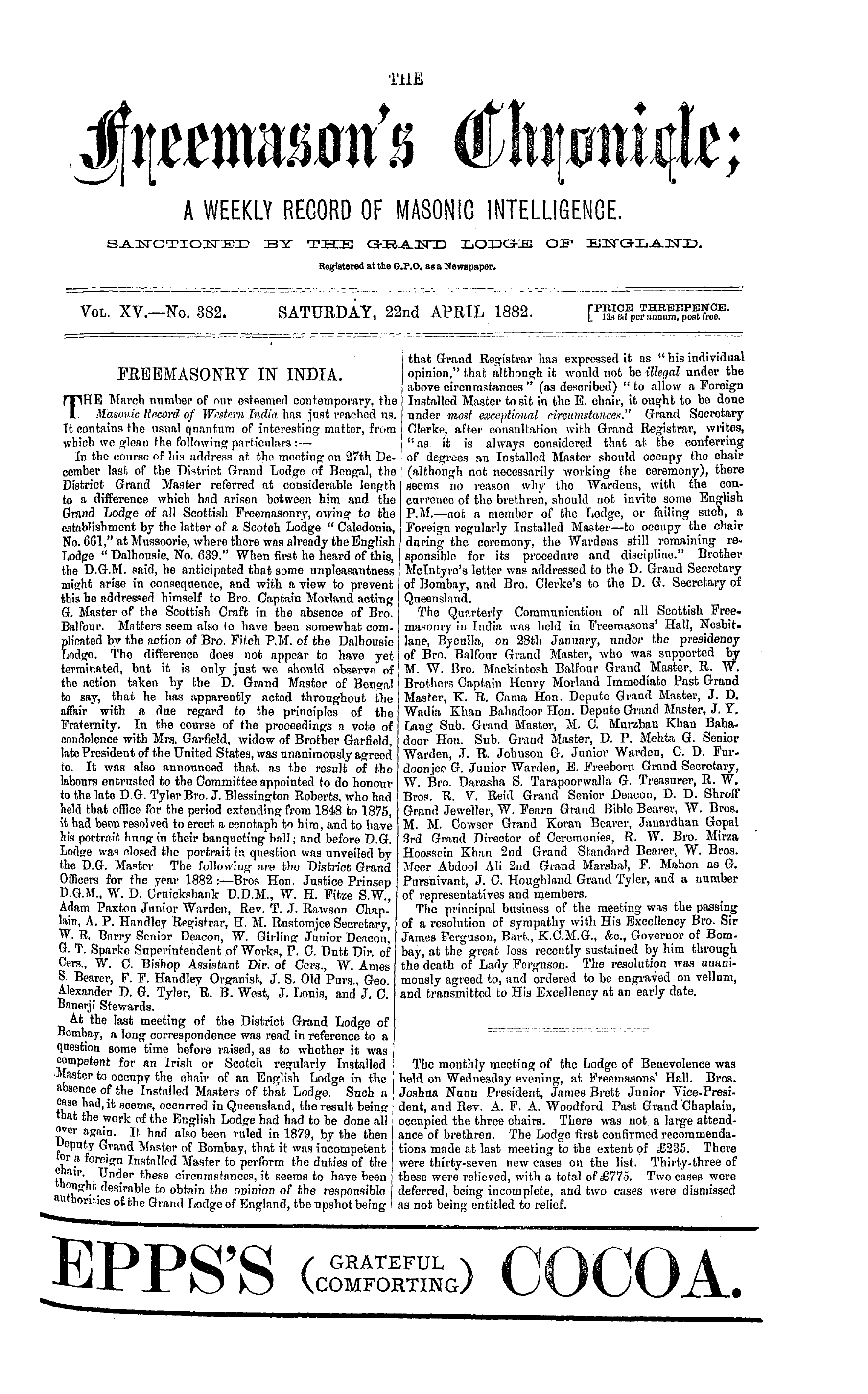 The Freemason's Chronicle: 1882-04-22 - Freemasonry In India.