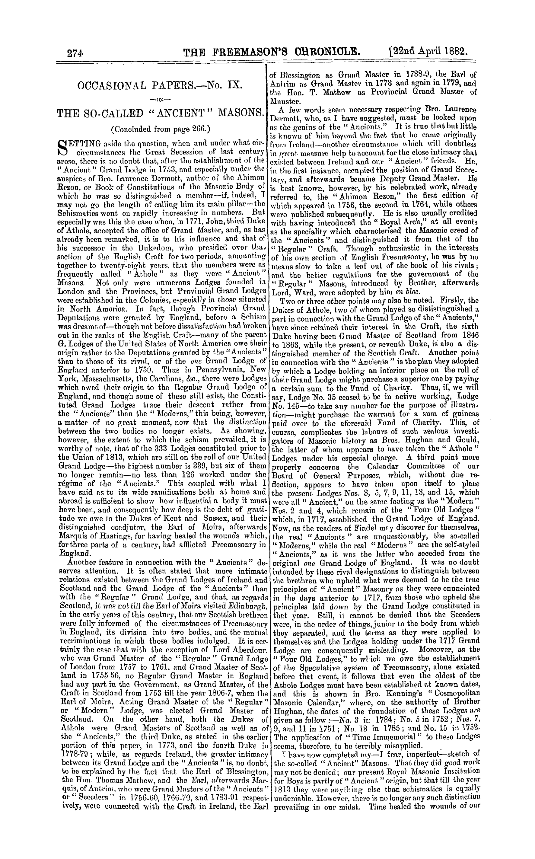 The Freemason's Chronicle: 1882-04-22 - Occasional Papers.—No. Ix. The So-Called "Ancient" Masons.