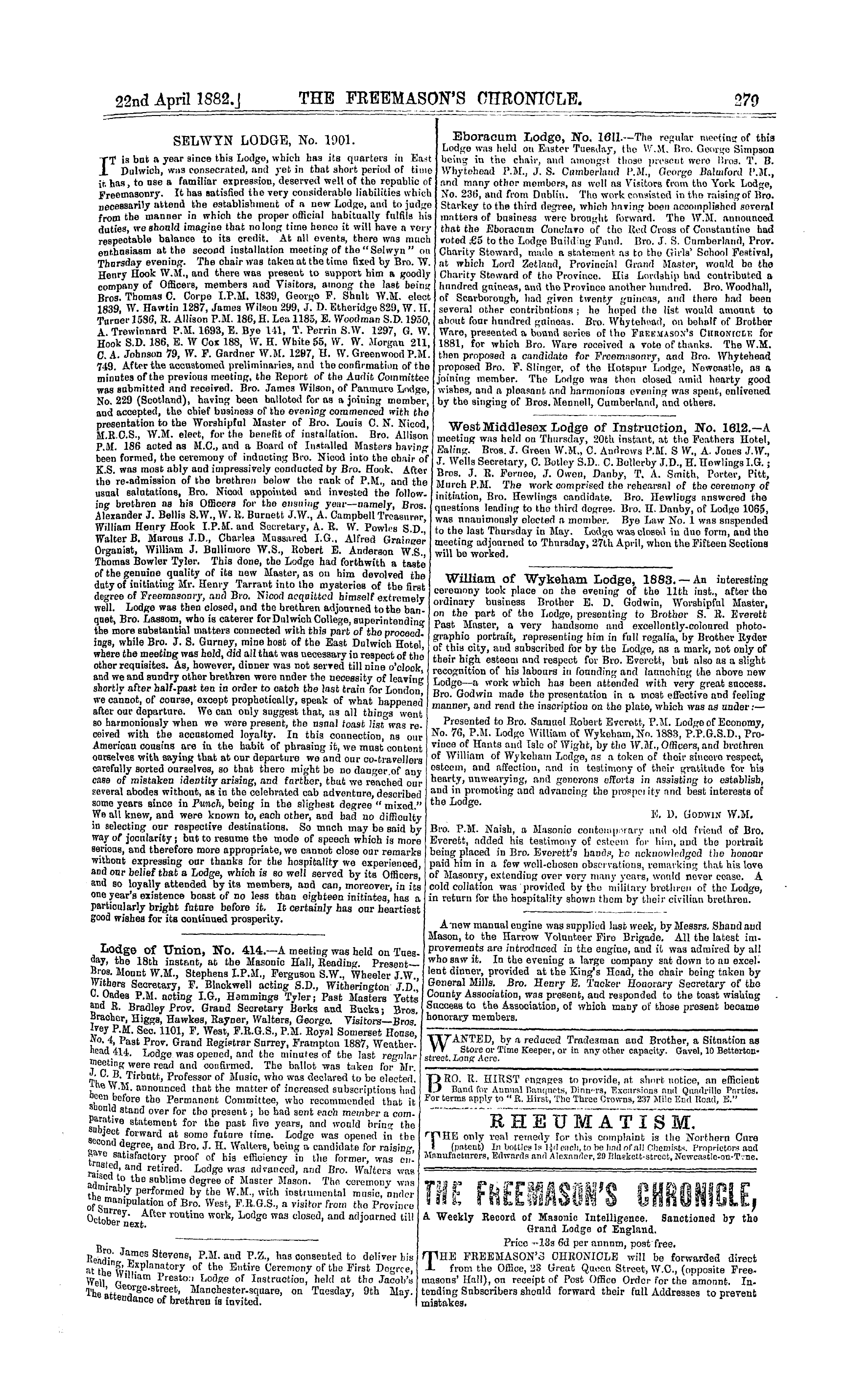 The Freemason's Chronicle: 1882-04-22 - Notices Of Meetings.