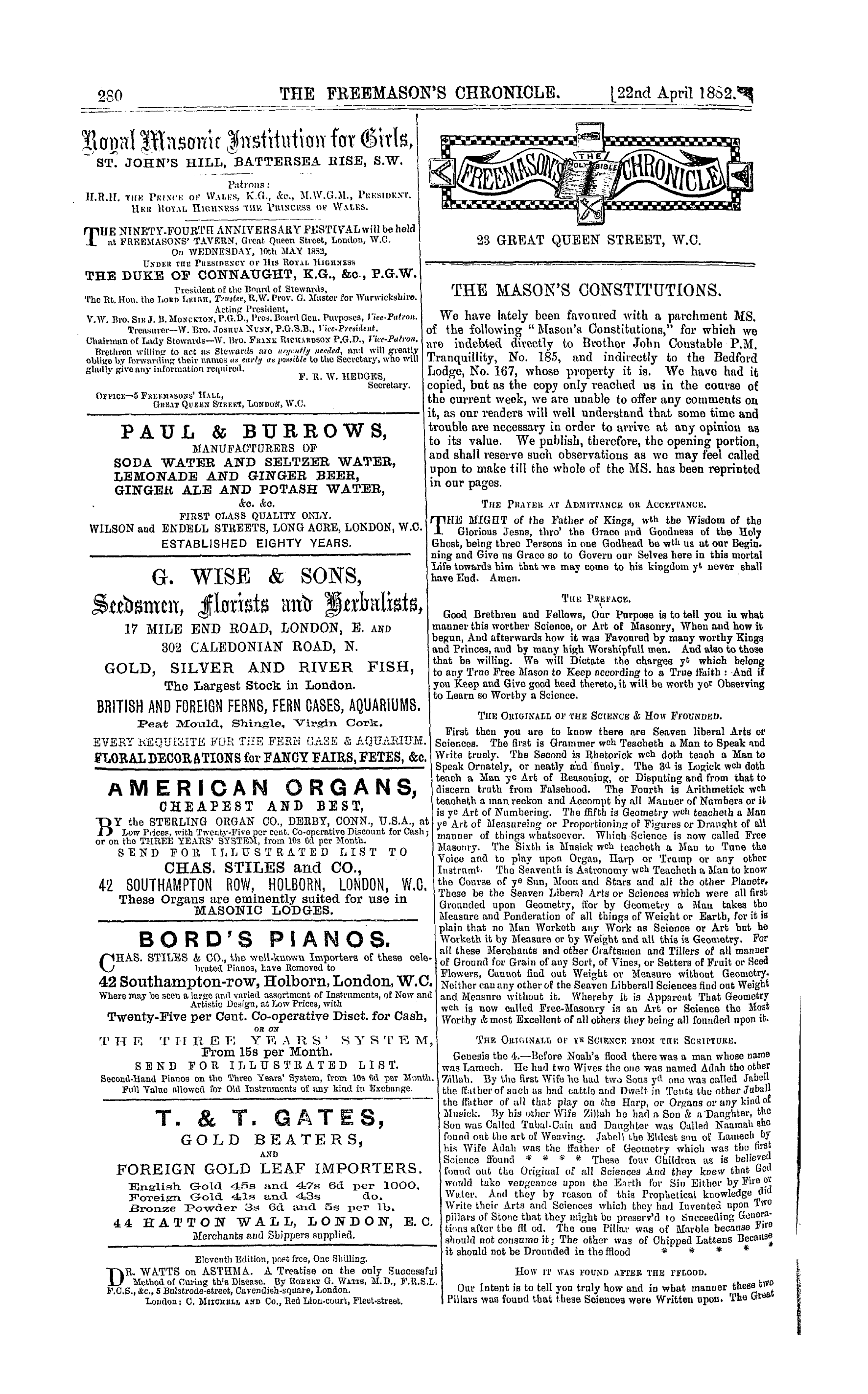 The Freemason's Chronicle: 1882-04-22 - The Mason's Constitutions.