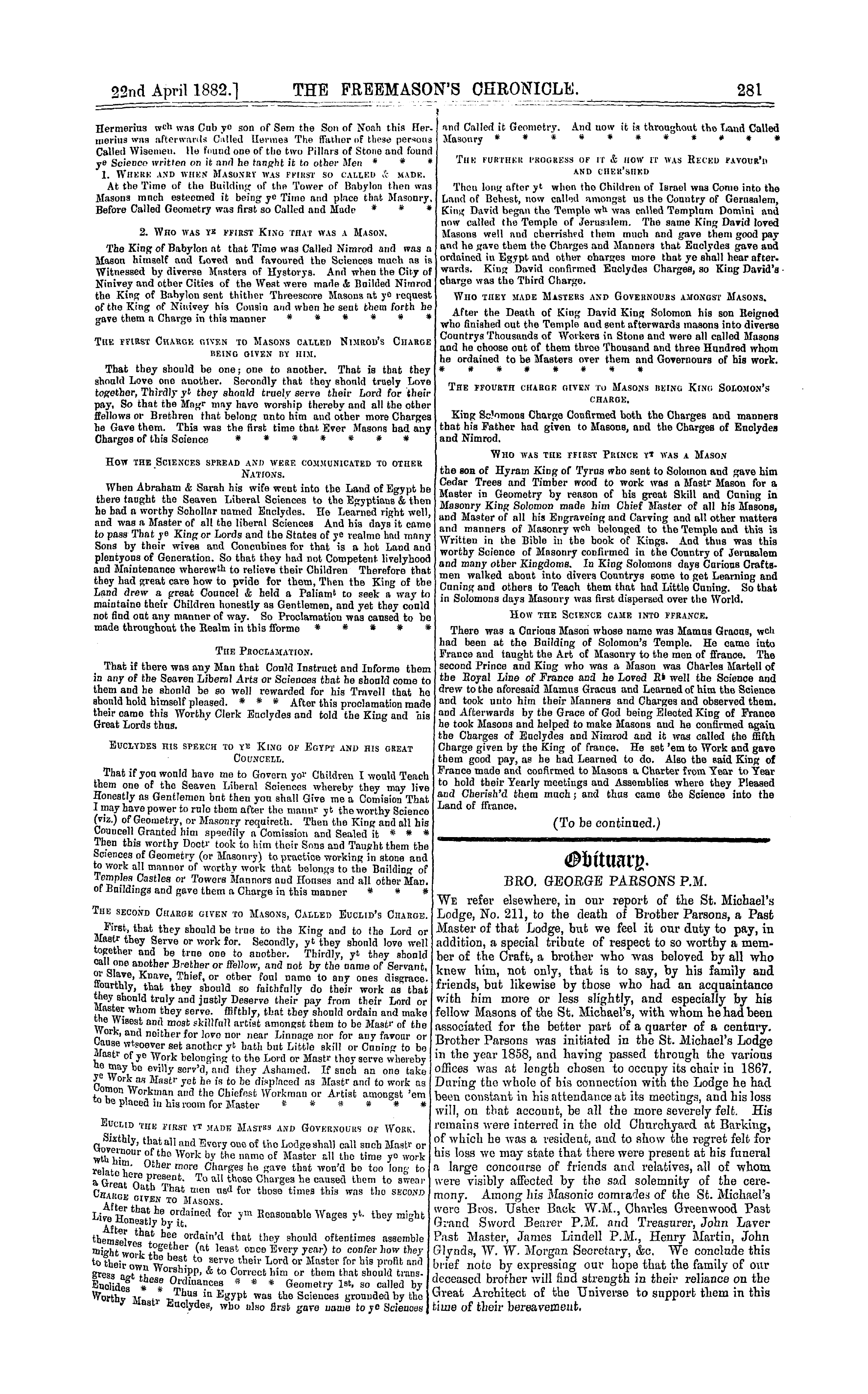 The Freemason's Chronicle: 1882-04-22 - The Mason's Constitutions.