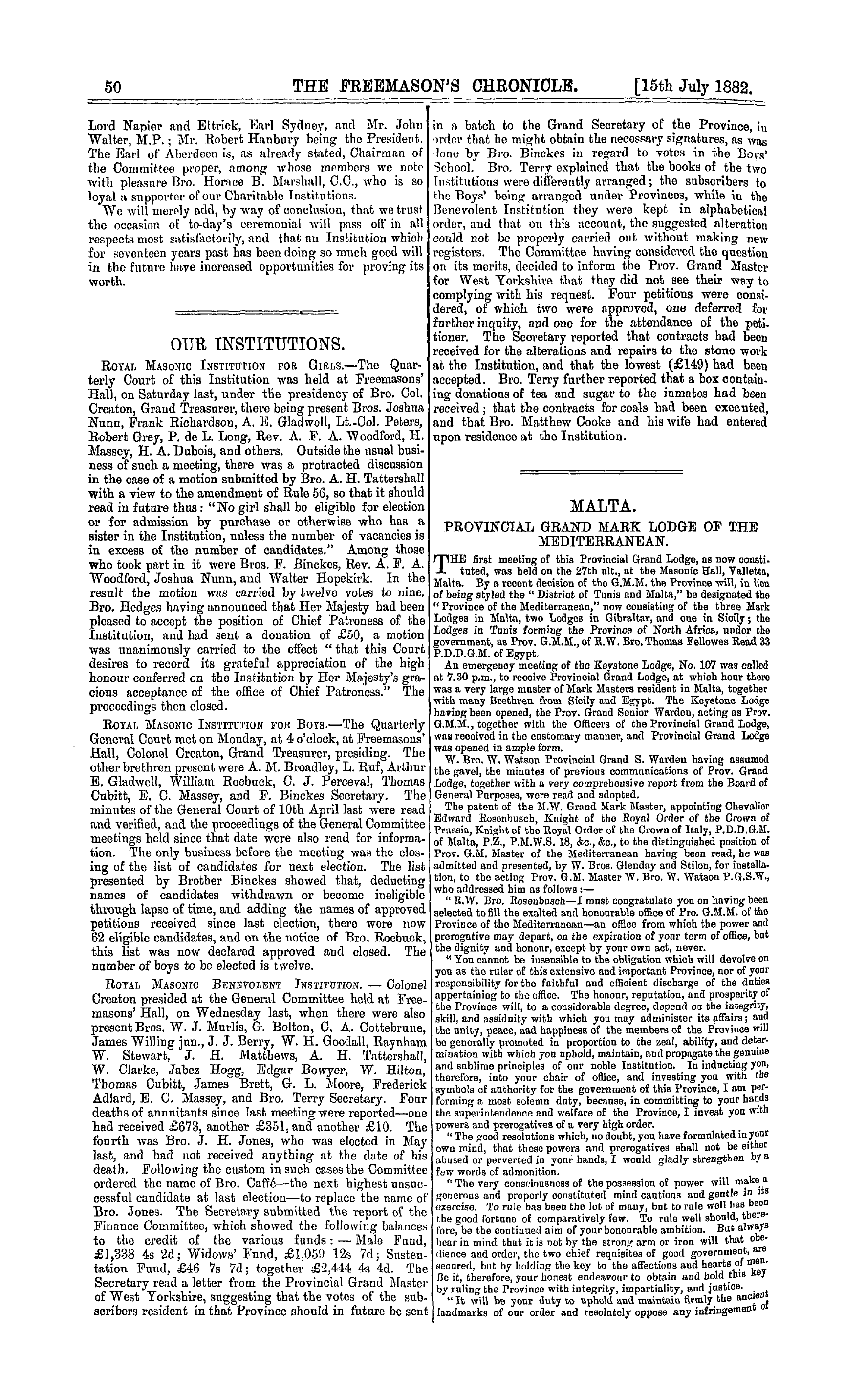 The Freemason's Chronicle: 1882-07-15 - Malta.