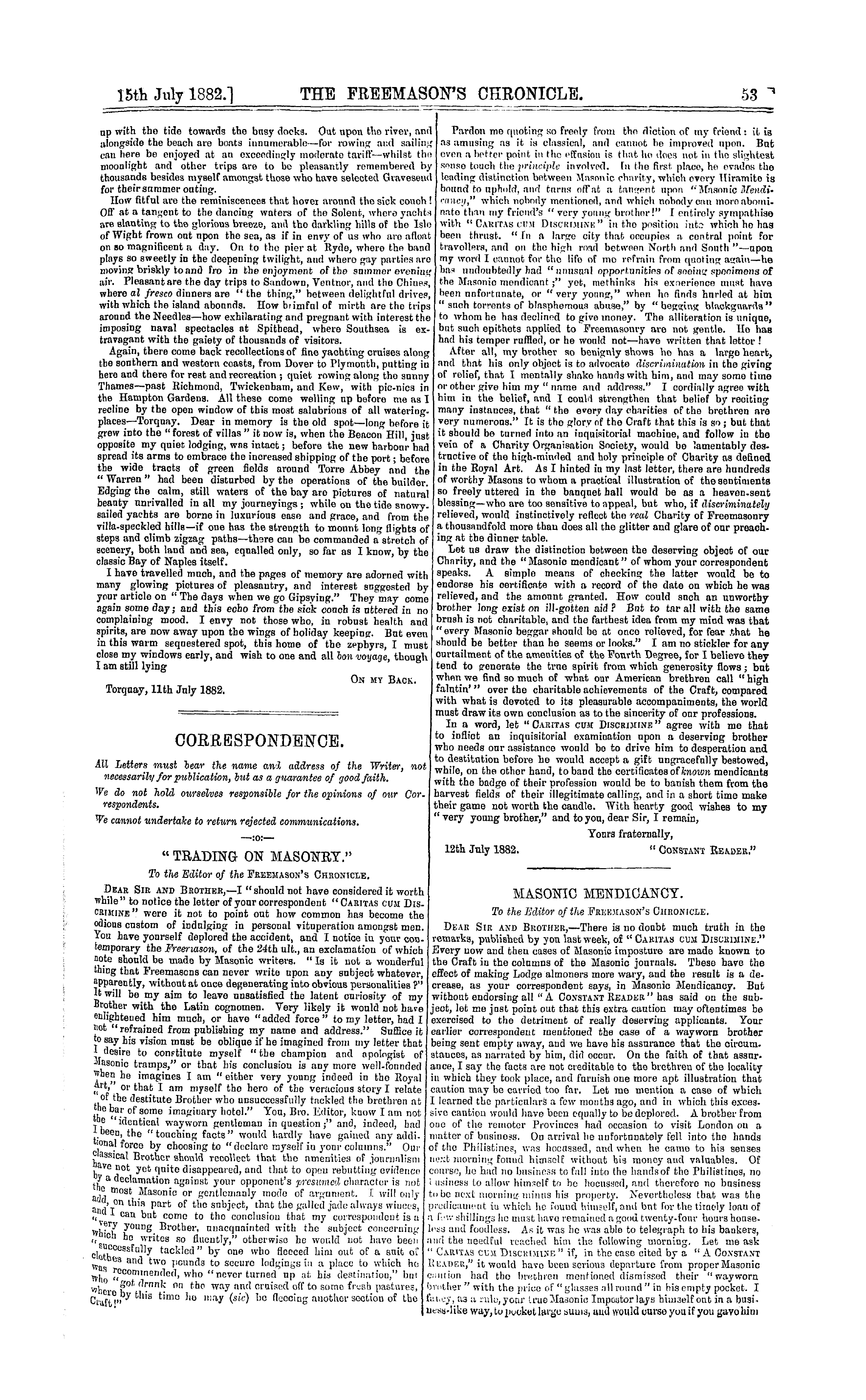 The Freemason's Chronicle: 1882-07-15 - On My Back.
