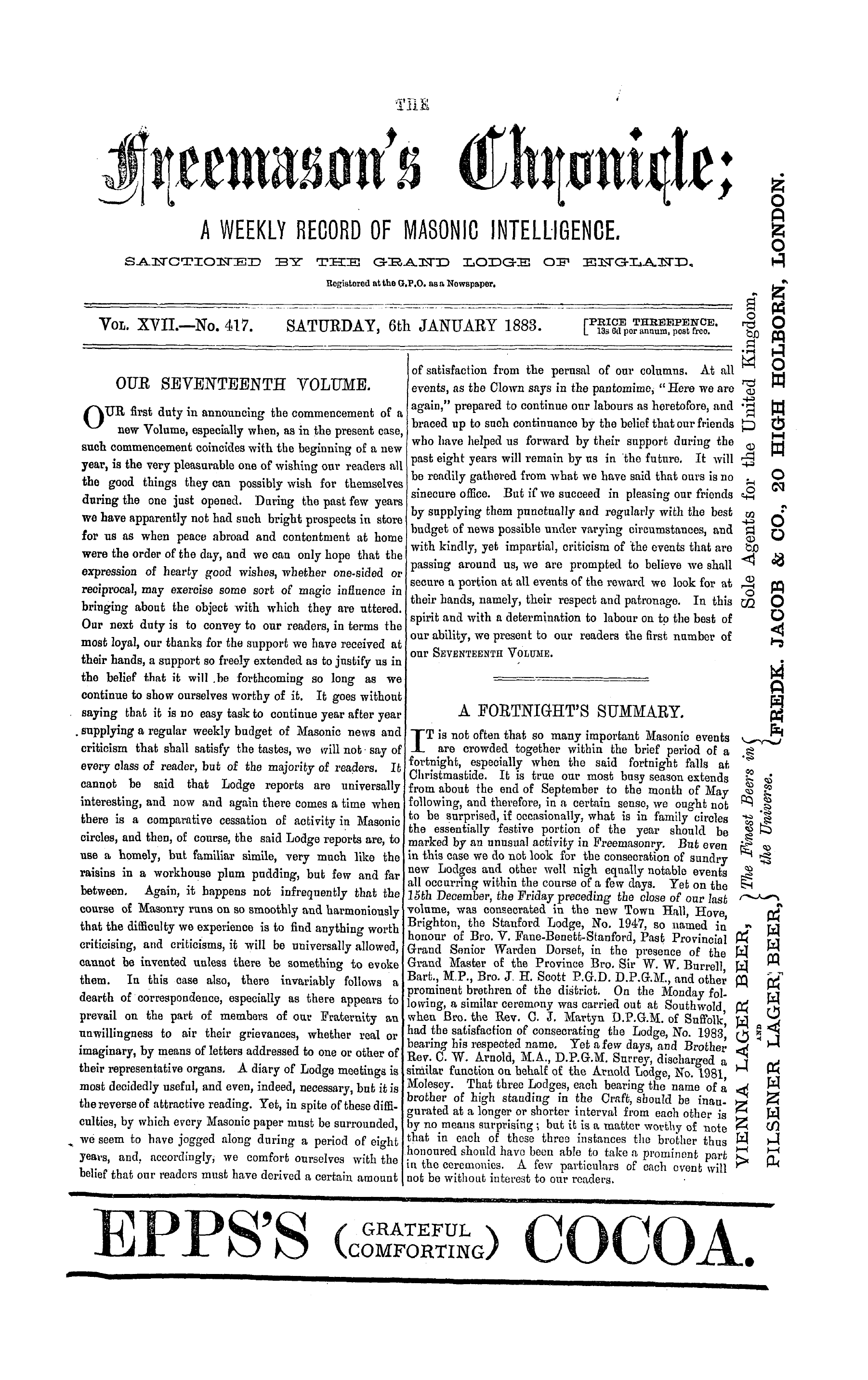 The Freemason's Chronicle: 1883-01-06 - A Fortnight's Summary.