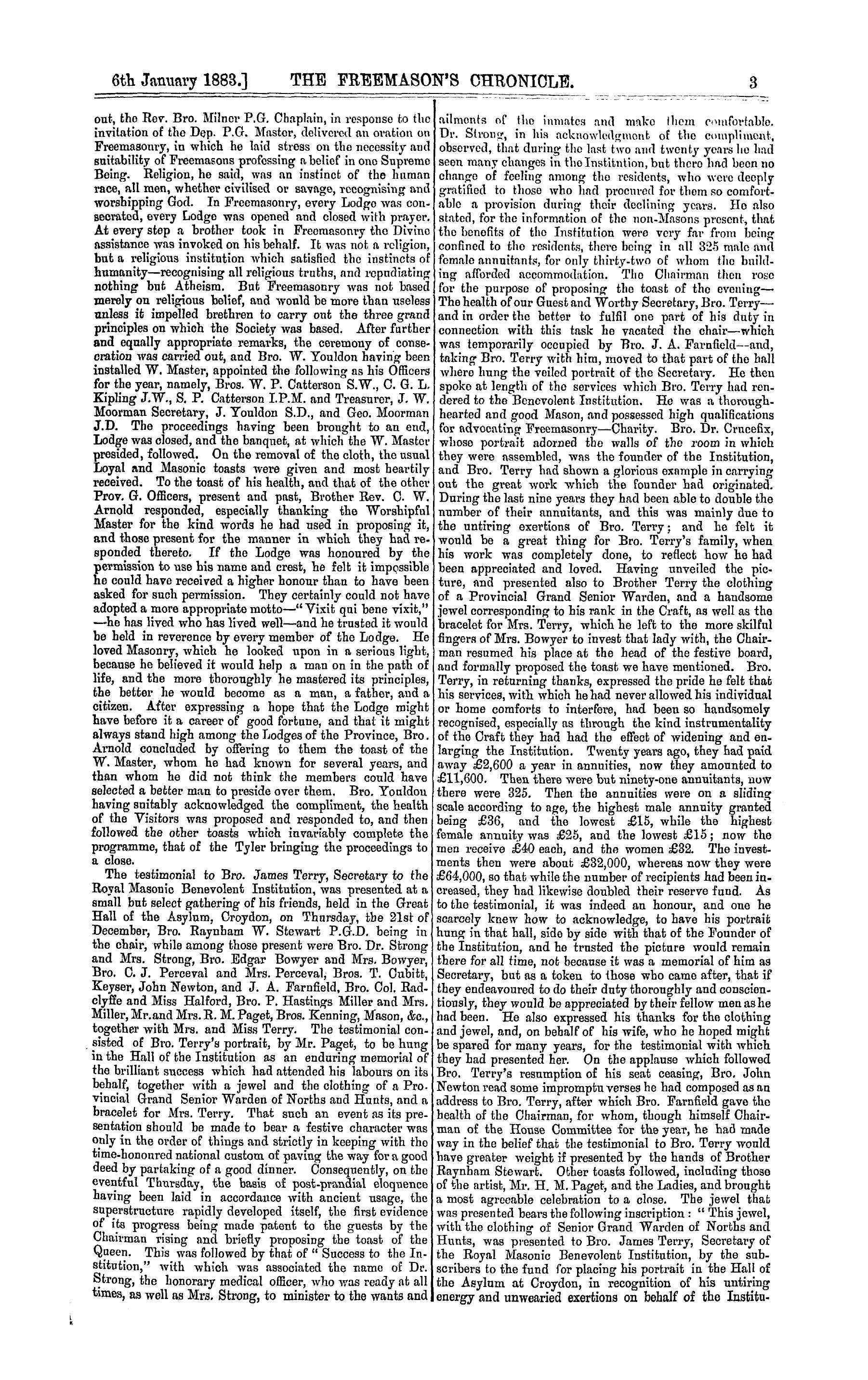 The Freemason's Chronicle: 1883-01-06 - A Fortnight's Summary.