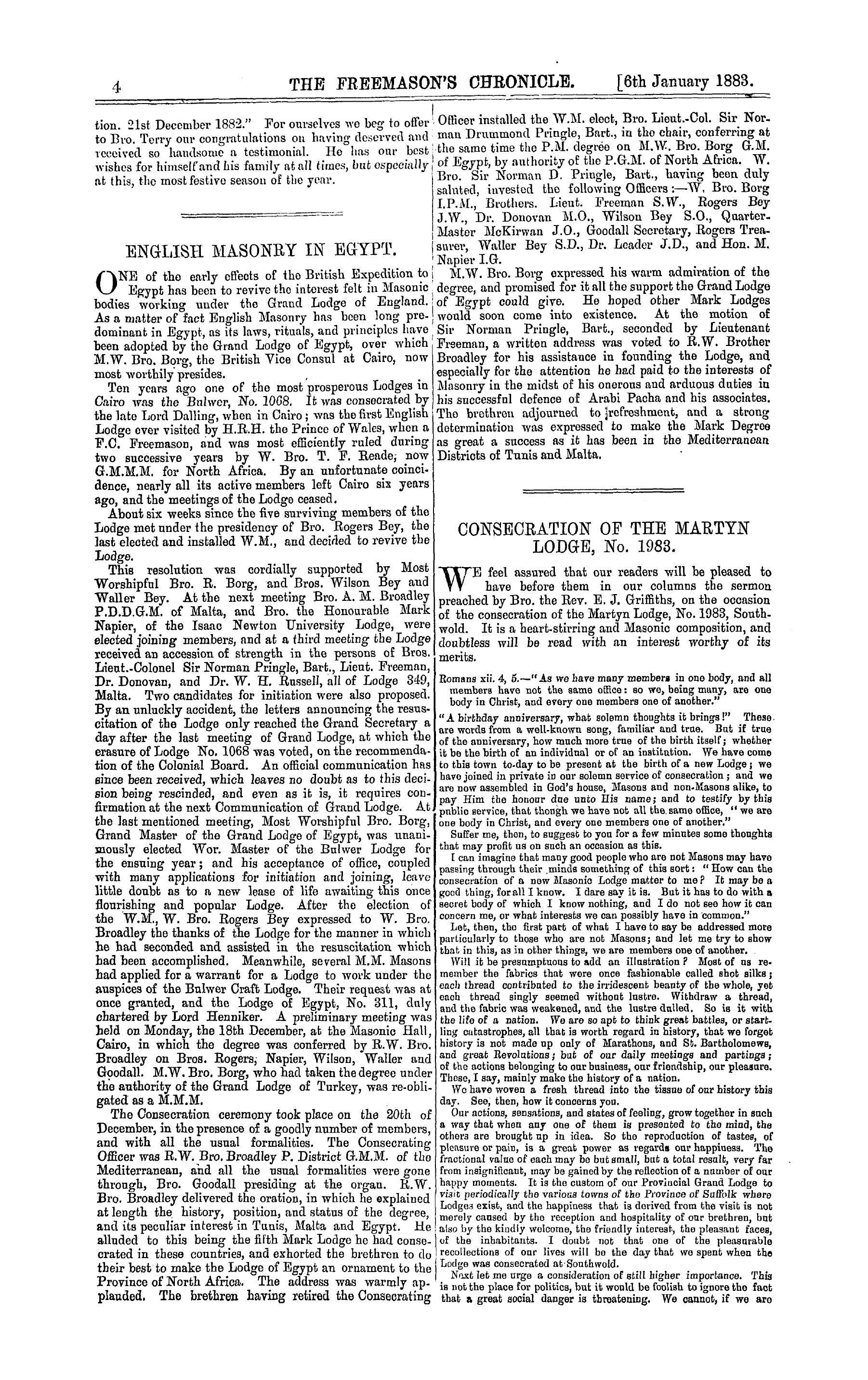 The Freemason's Chronicle: 1883-01-06 - Consecration Of The Martyn Lodge, No. 1983.