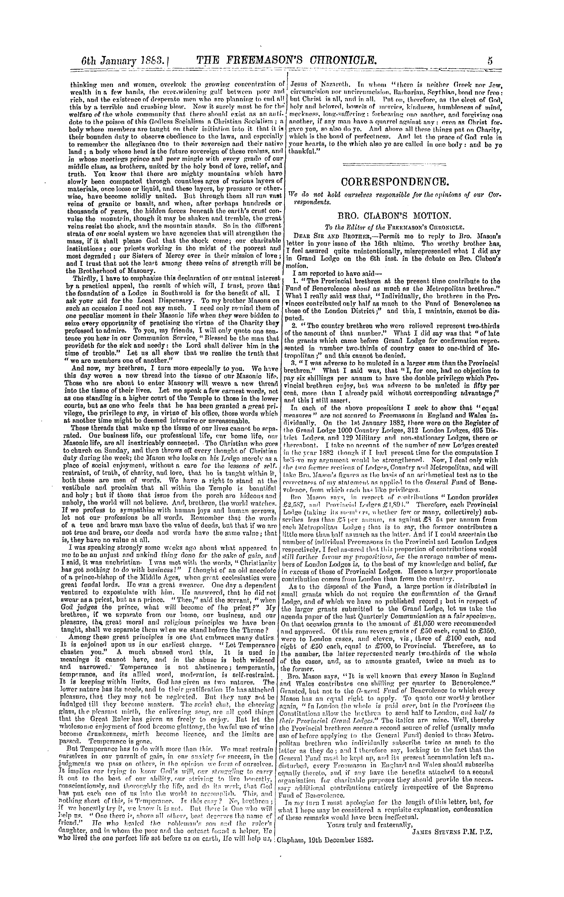 The Freemason's Chronicle: 1883-01-06 - Correspondence.