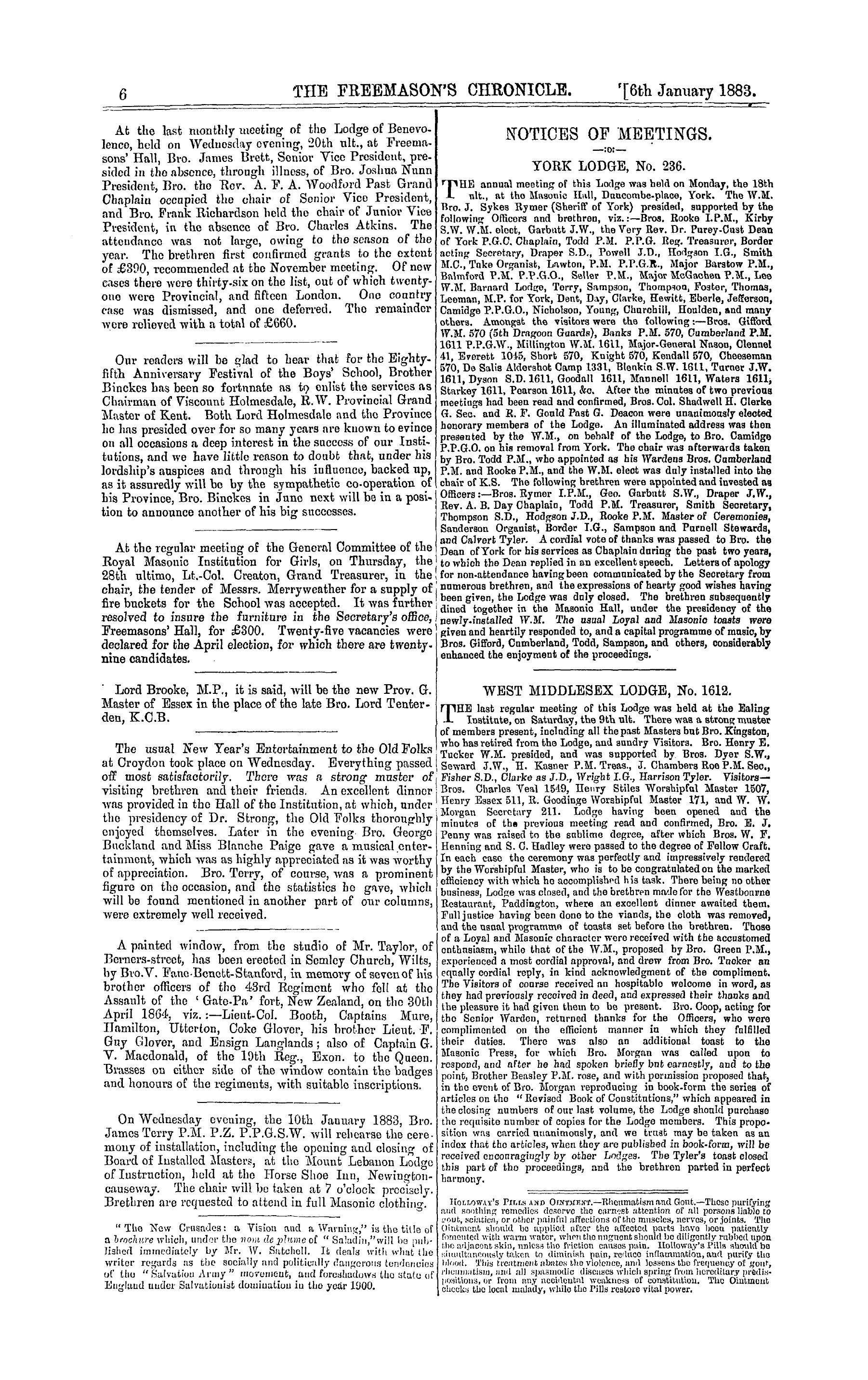 The Freemason's Chronicle: 1883-01-06 - Notices Of Meetings.