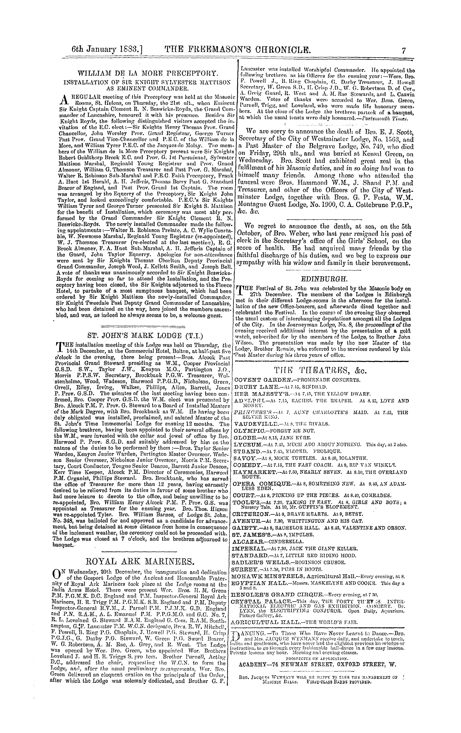 The Freemason's Chronicle: 1883-01-06 - Royal Ark Mariners.