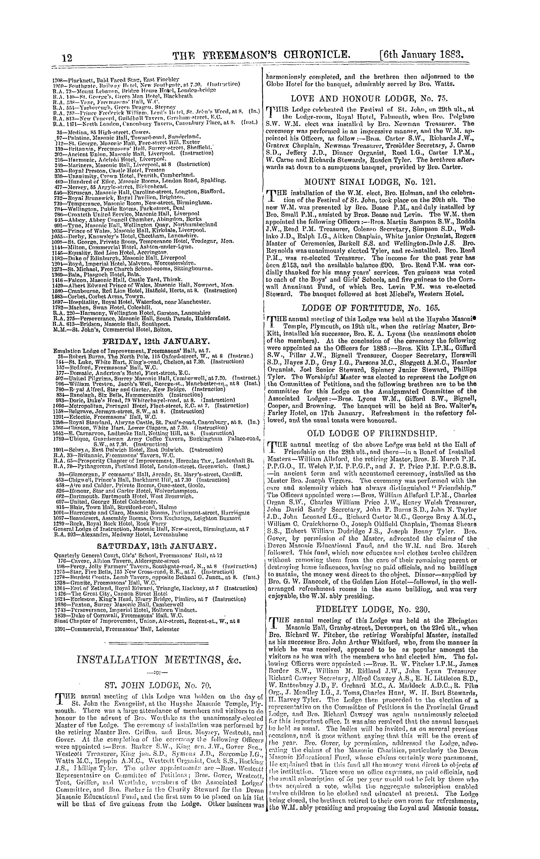 The Freemason's Chronicle: 1883-01-06 - Installation Meetings, &C.