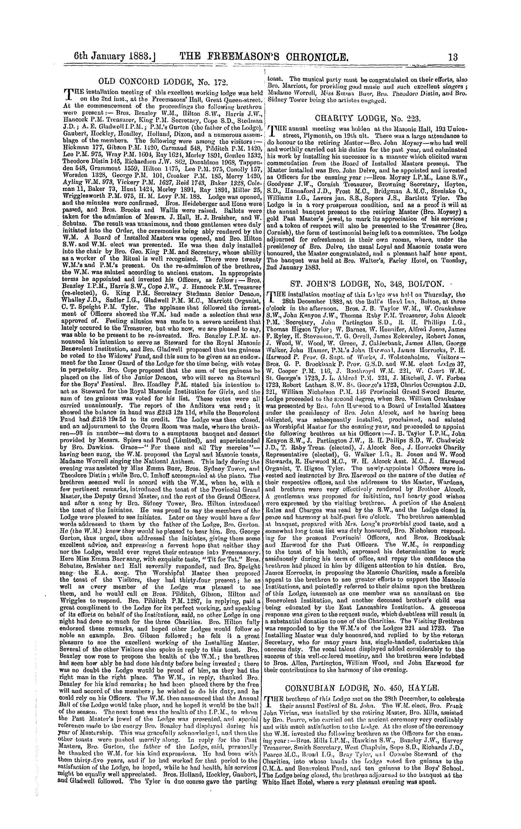 The Freemason's Chronicle: 1883-01-06 - Installation Meetings, &C.