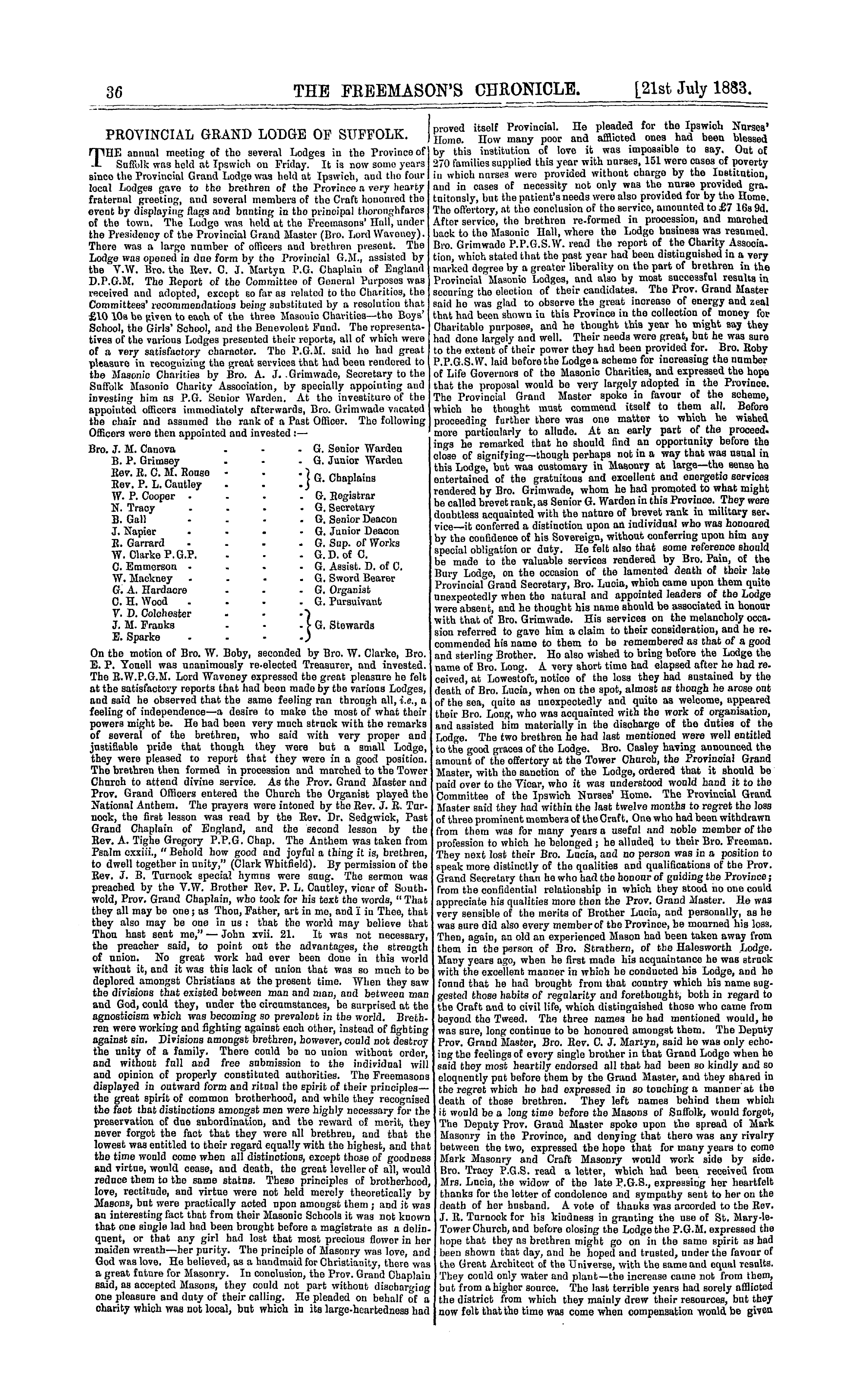 The Freemason's Chronicle: 1883-07-21 - Provincial Grand Lodge Of Suffolk.