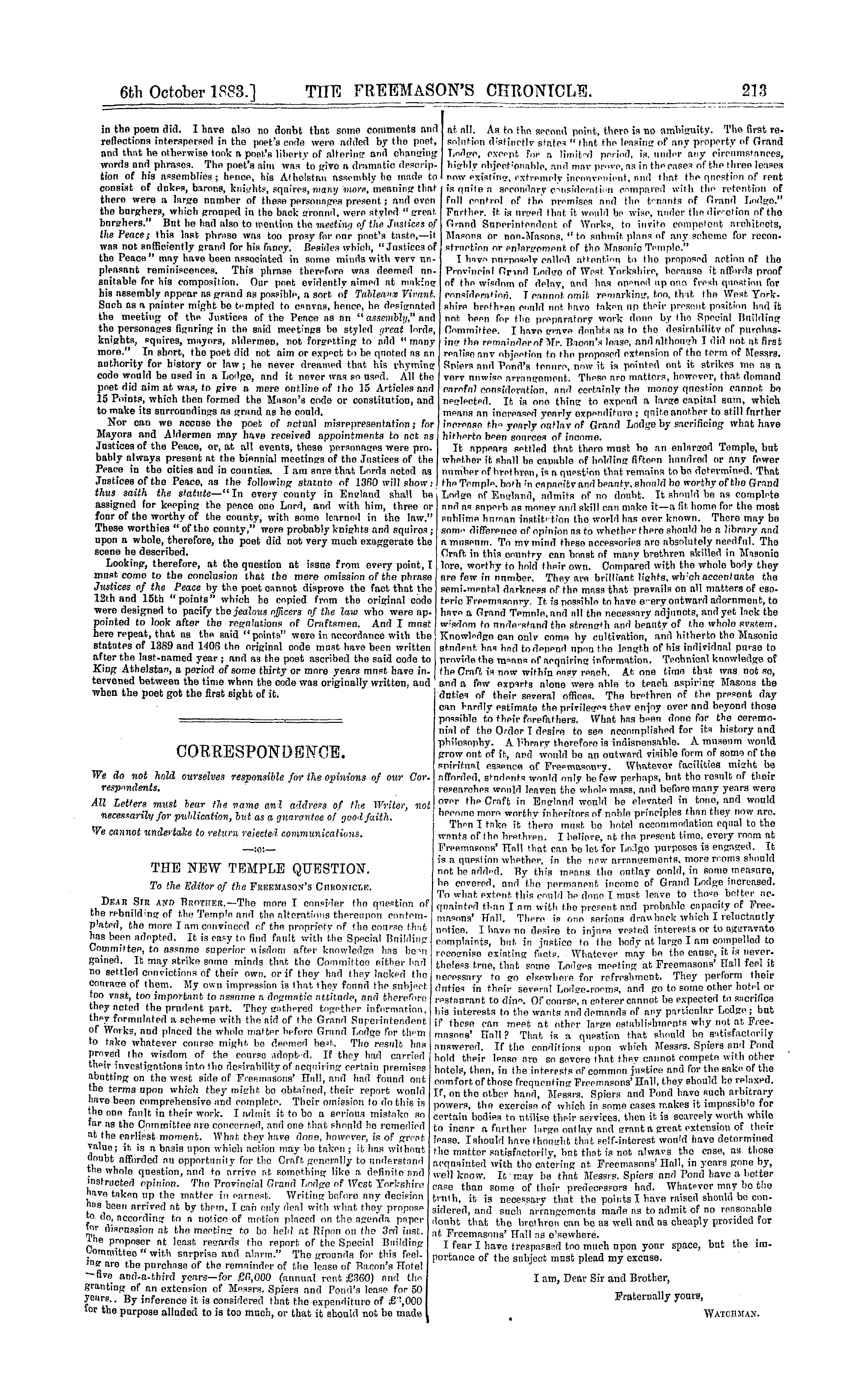 The Freemason's Chronicle: 1883-10-06 - Thoughts On The New History.