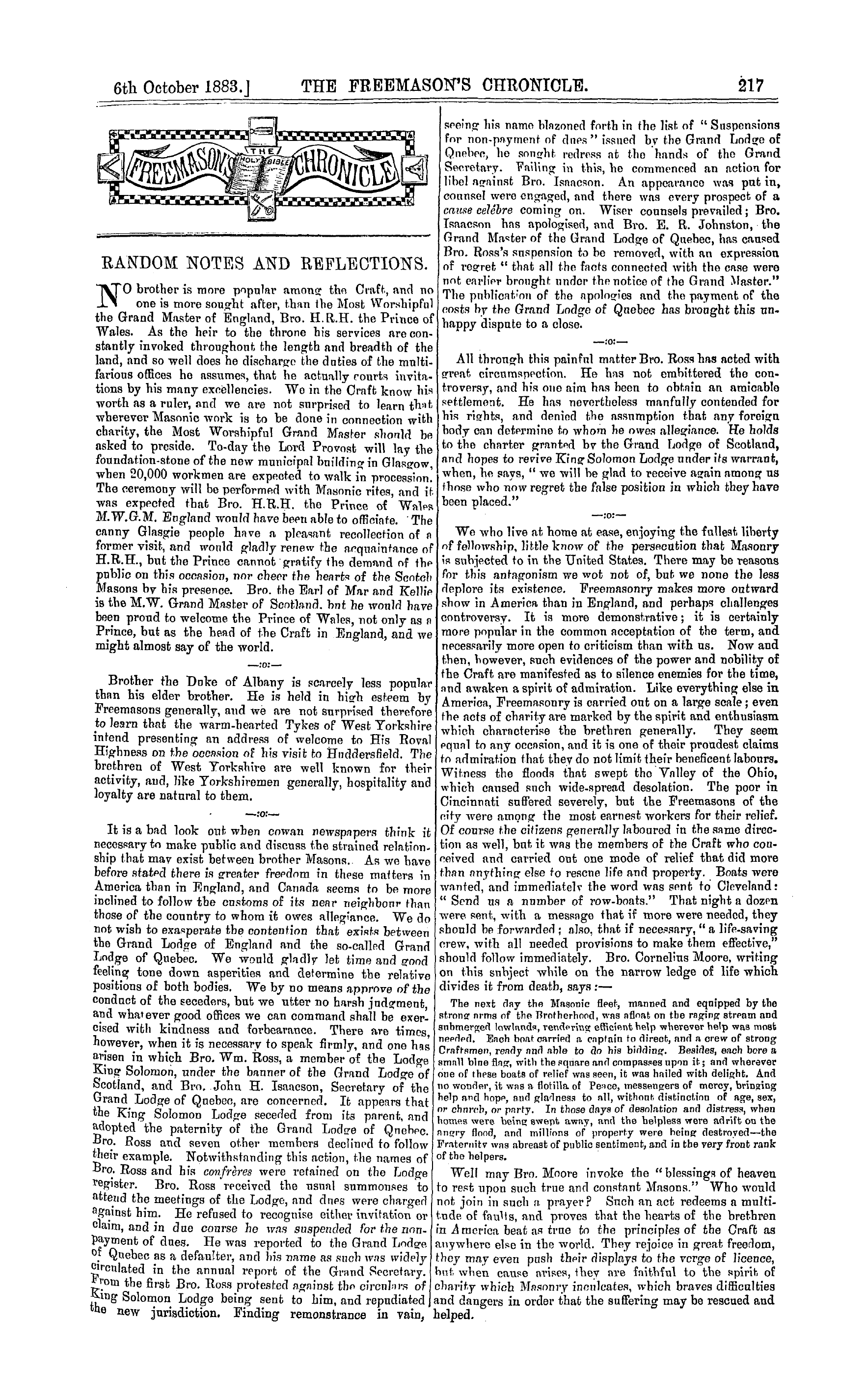 The Freemason's Chronicle: 1883-10-06 - Random Notes And Reflections.
