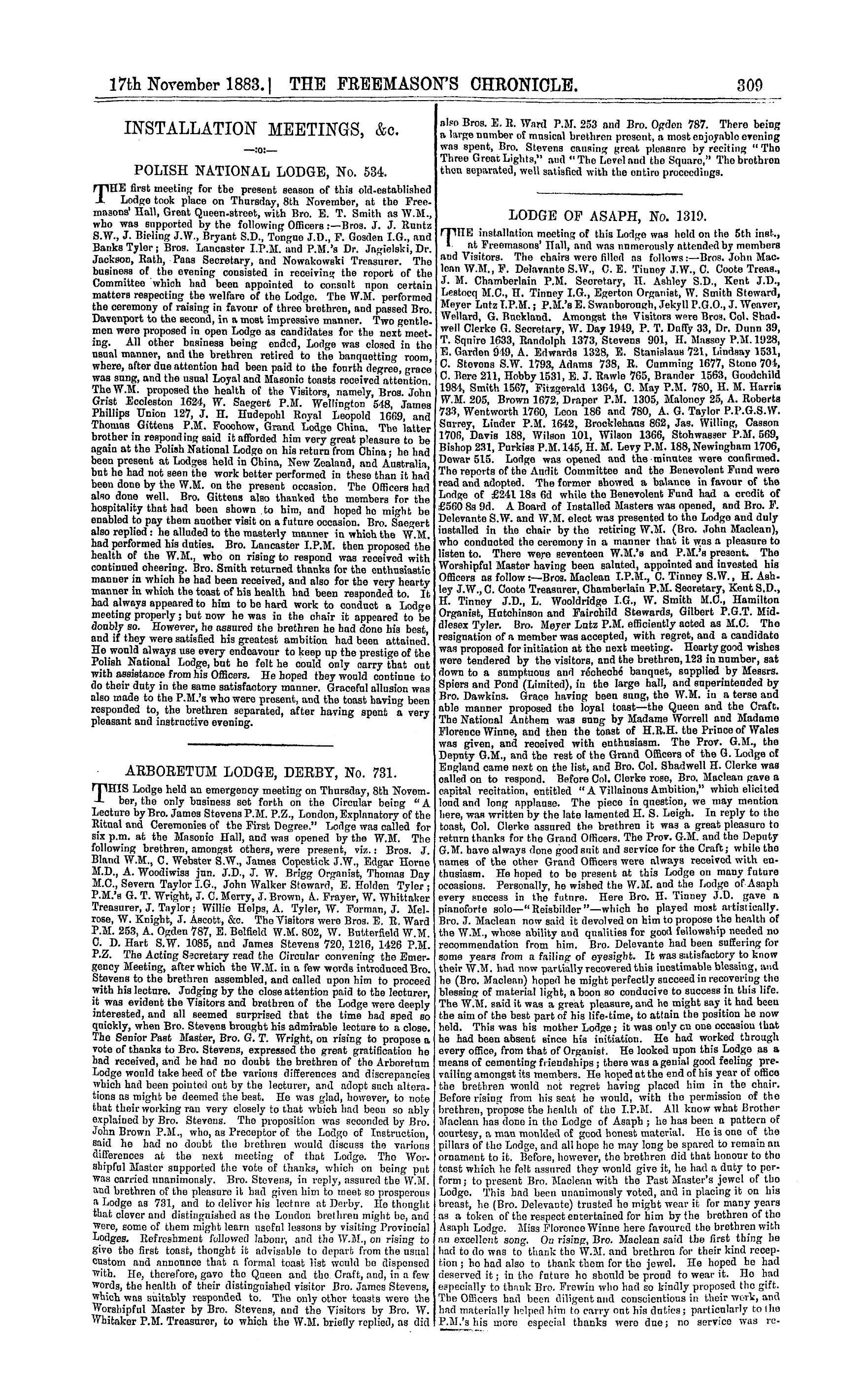 The Freemason's Chronicle: 1883-11-17 - Lodge Of Asaph, No. 1319.