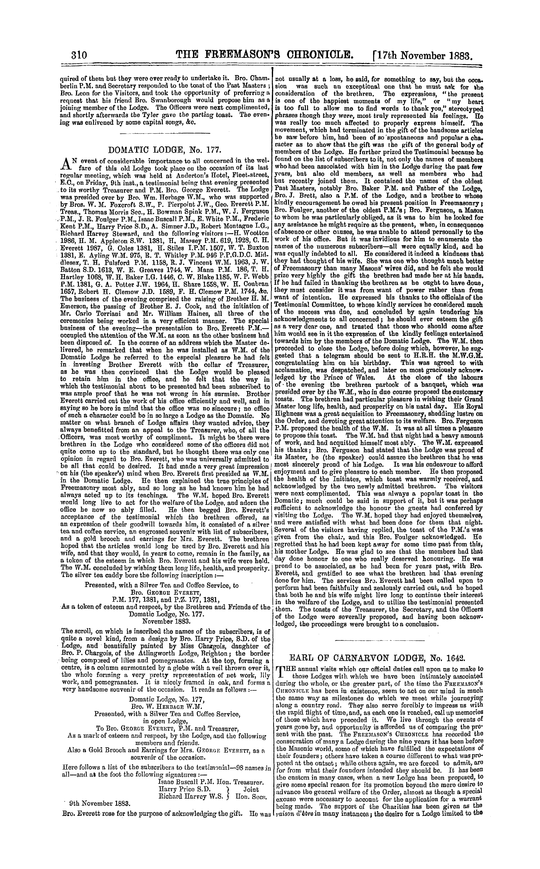 The Freemason's Chronicle: 1883-11-17 - Earl Of Carnarvon Lodge, No. 1642.
