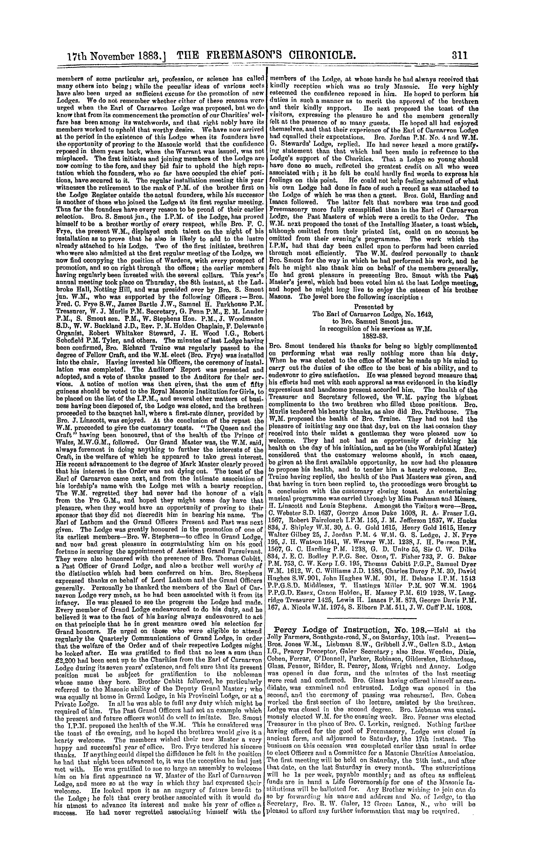 The Freemason's Chronicle: 1883-11-17 - Earl Of Carnarvon Lodge, No. 1642.