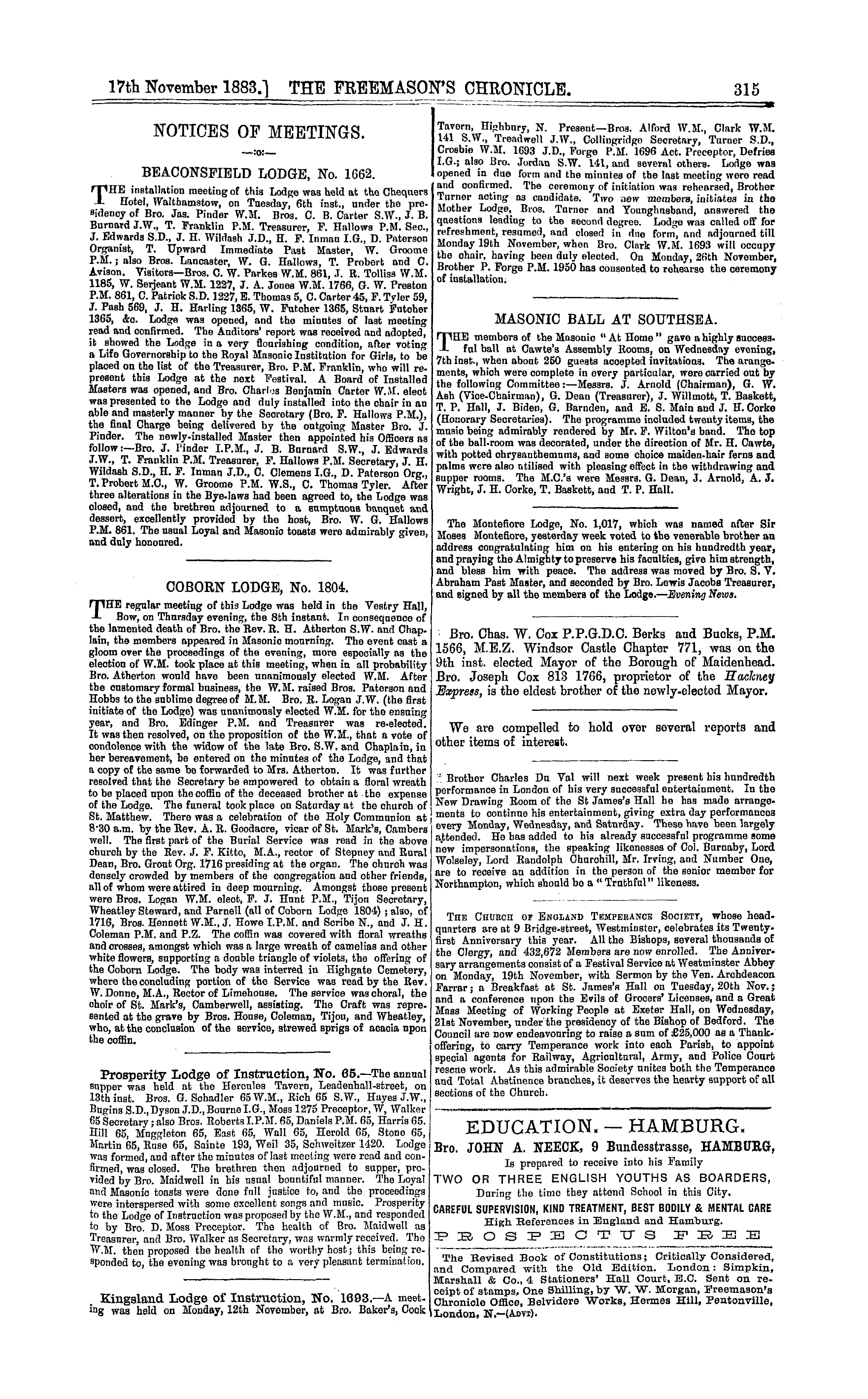 The Freemason's Chronicle: 1883-11-17 - Masonic Ball At Southsea.