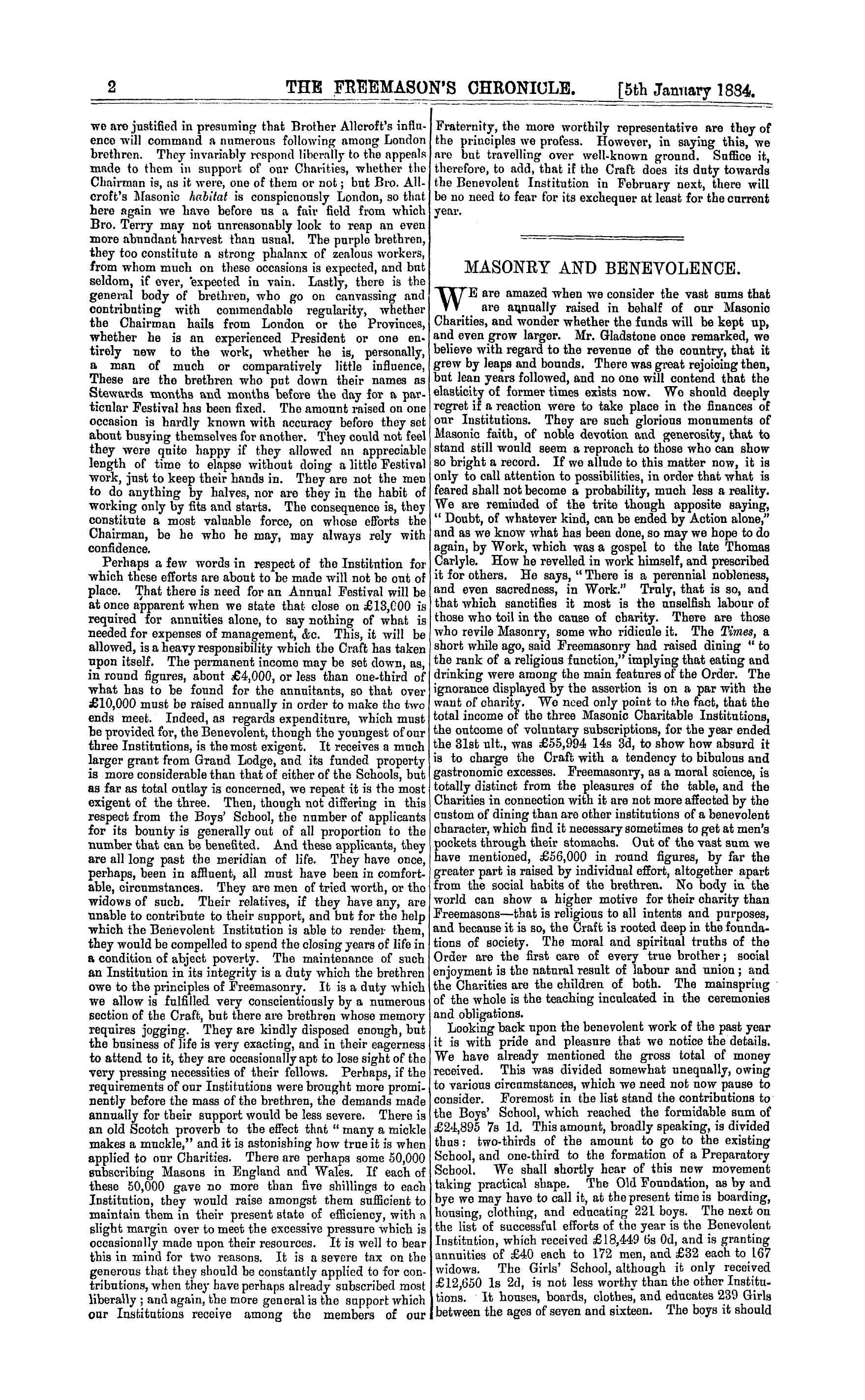 The Freemason's Chronicle: 1884-01-05 - Masonry And Benevolence.