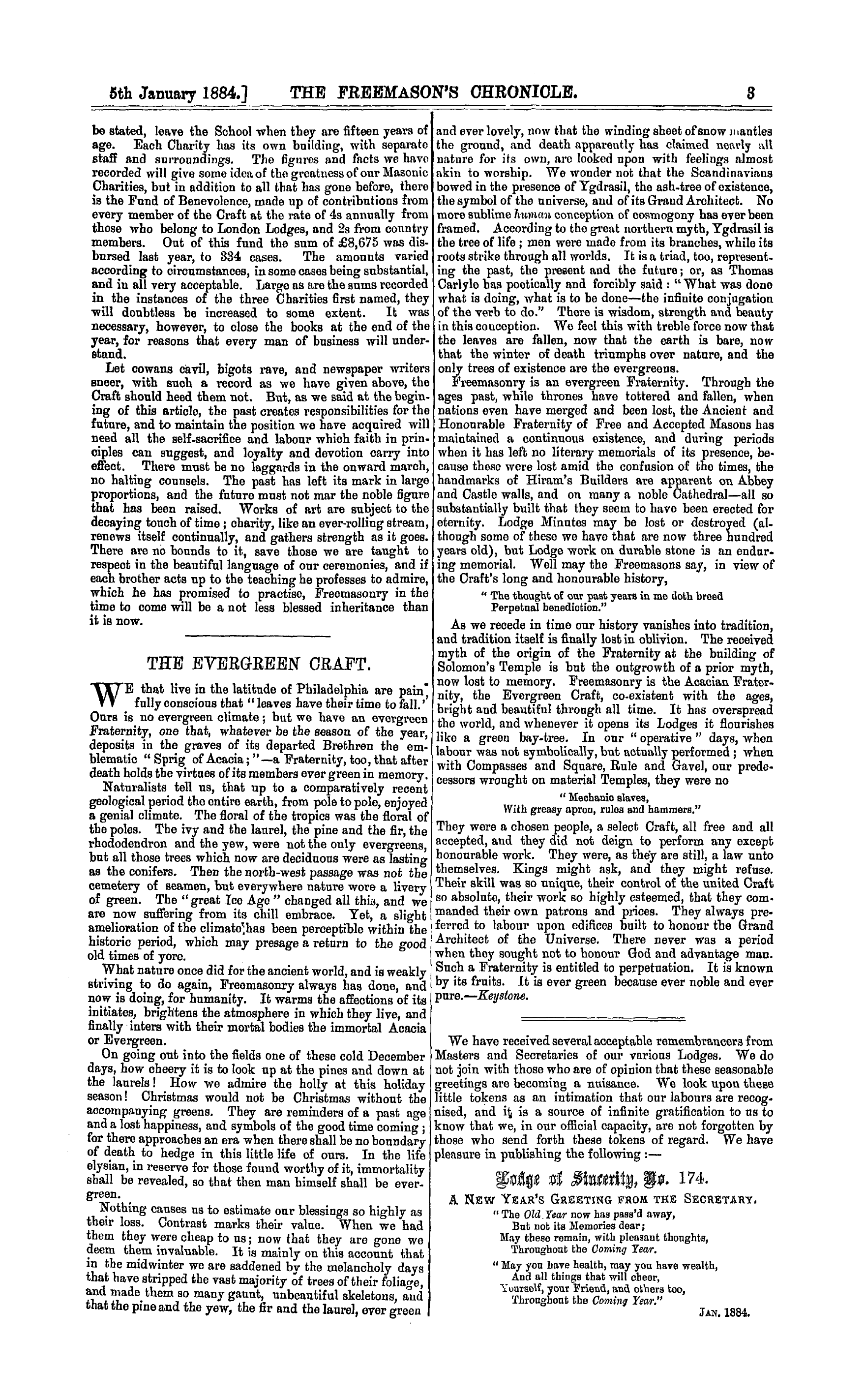 The Freemason's Chronicle: 1884-01-05 - Masonry And Benevolence.