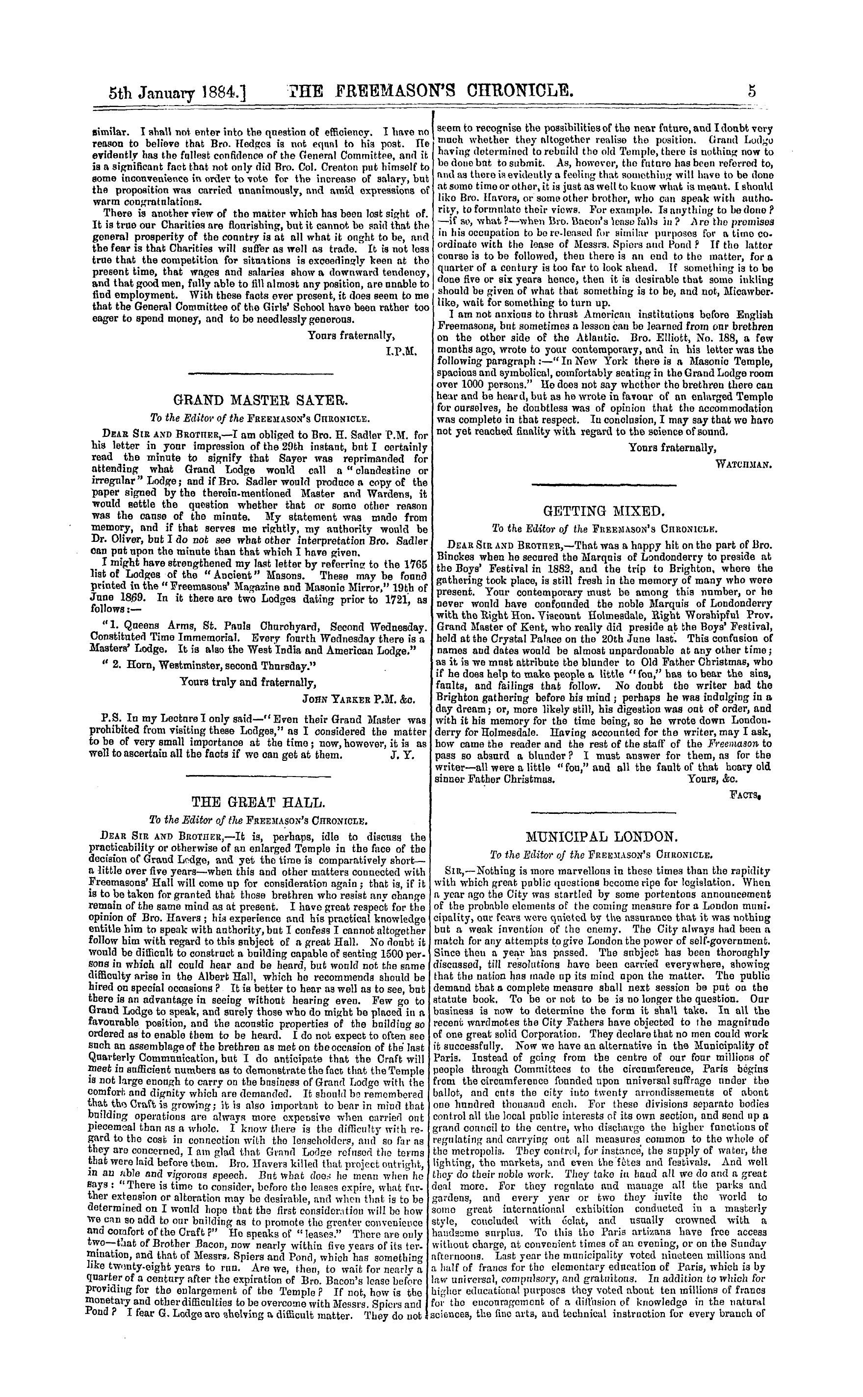 The Freemason's Chronicle: 1884-01-05: 5