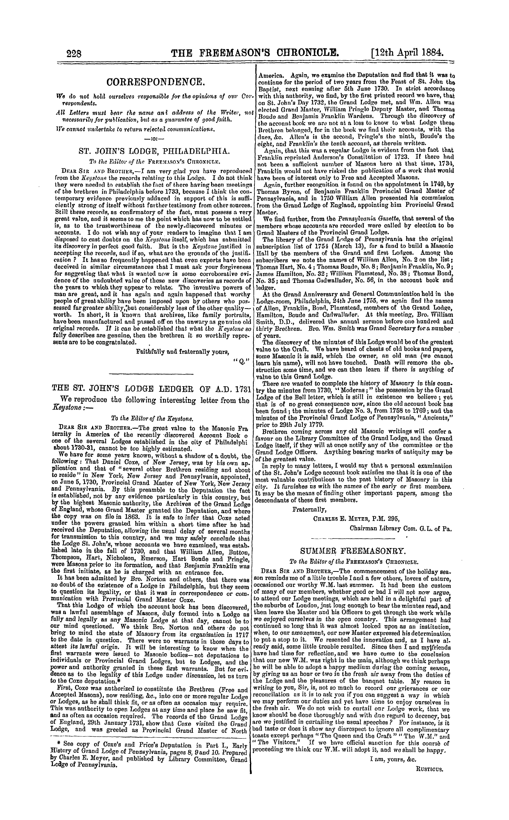 The Freemason's Chronicle: 1884-04-12 - Correspondence.